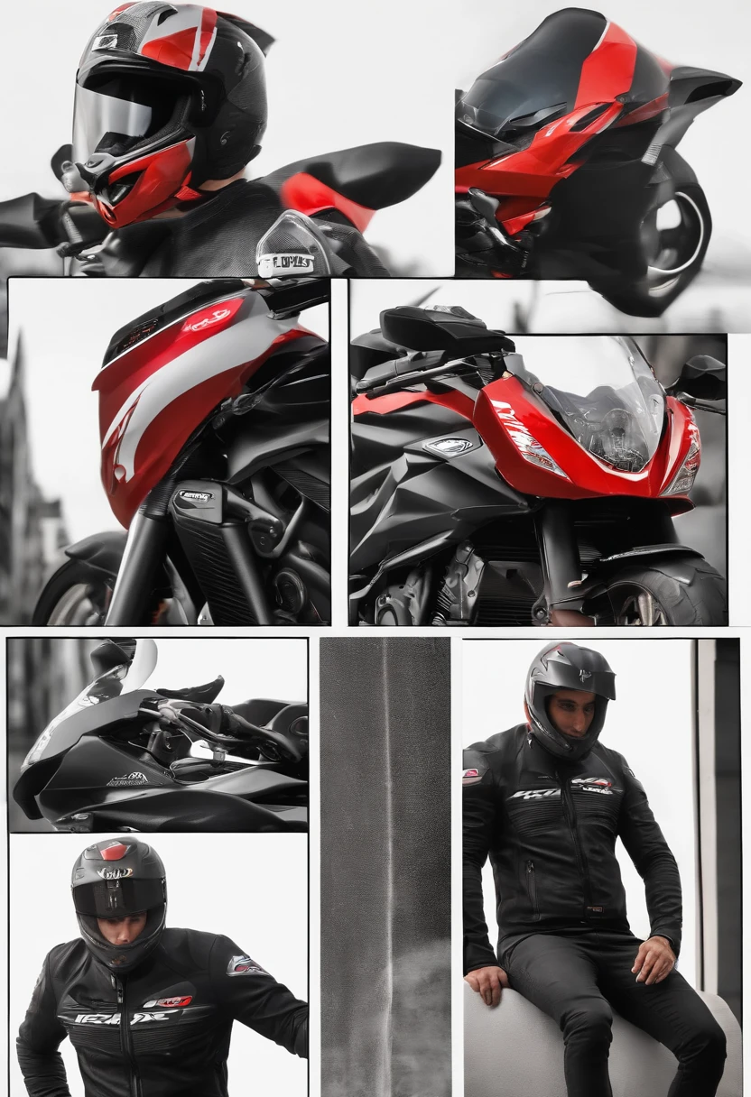 personagem dos desenhos animados de um homem de altura mediana, black jeans pants, Texx brand biker jacket in predominantly black color with the chest part of the jacket in red color and with Texx brand tags on the shoulders of medium size in white color, no lado direito do peito um tag com o nome texx de tamanho pequeno e de cor branca, usando um capacete da marca Yoche na cor cinza chumbo, com viseira preta fosco, pilotando uma moto da marca Kawasaki, modelo er6n ano 2010 na cor laranja predominante e preta na rabeta da moto, Walking through a big city but no traffic