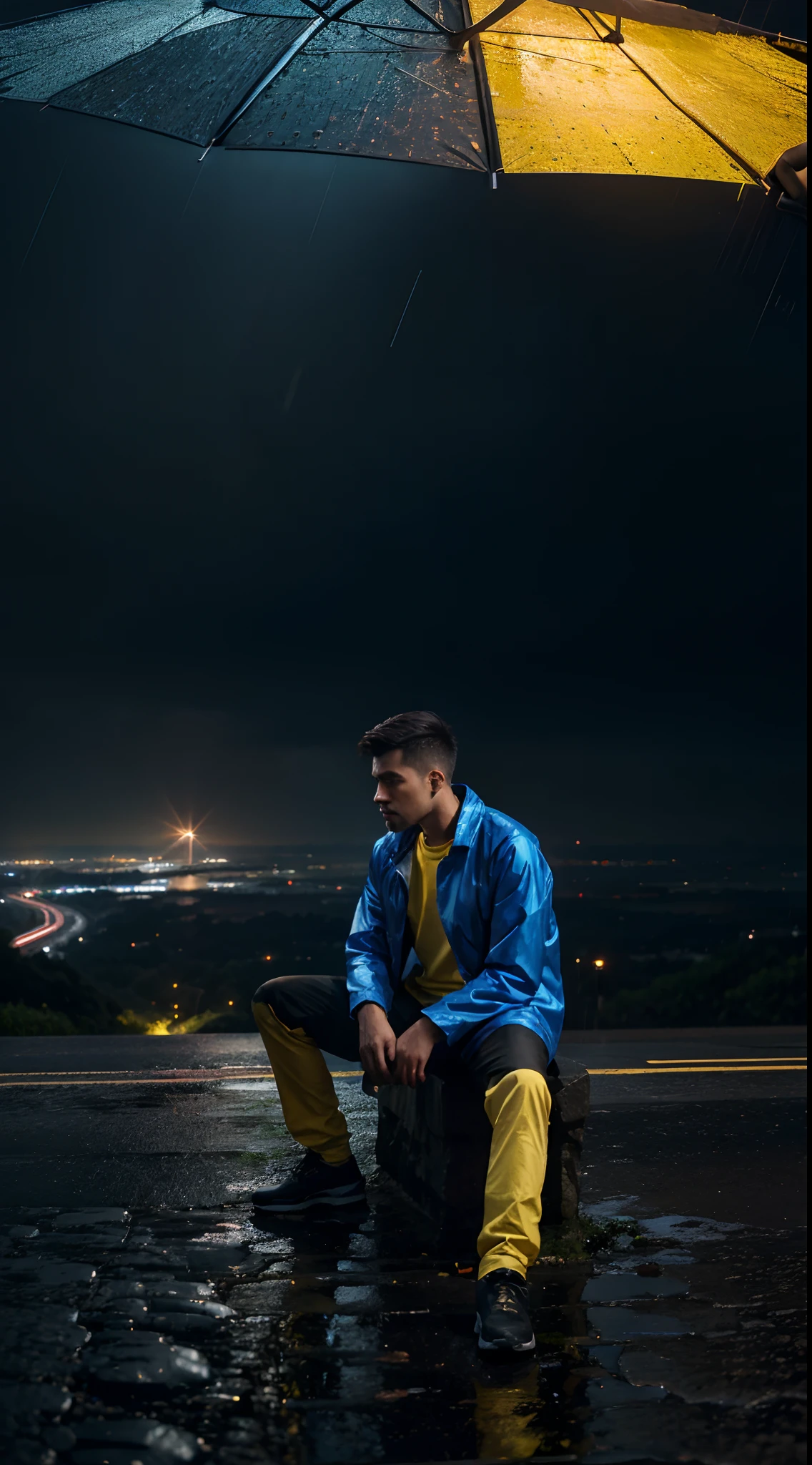 a man sitting on the edge of a high road, digital art, 4k, super amoled, vibrant colors, blue, yellow, rain