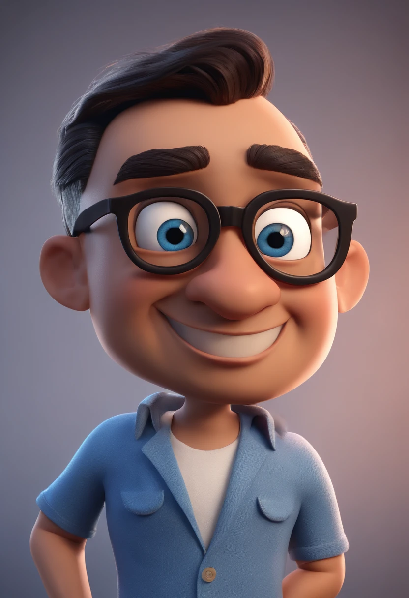 Cartoon character of a man with black glasses and a blue shirt, animation character, Caractere estilizado, animation style rendering, 3D estilizado, Arnold Maya render, 3 d render stylized, toon render keyshot, Personagem 3D, Personagem 3D, 3d rendering stylized, 3 d character render, personagem de desenho animado, Personagem de close up, Pose de personagem, (Estilo Pixar) (master part:1.2) (Bokeh) (best quality) (pele detalhada) (textura detalhada) (8k) (argila) (Cinematic lighting) (foco nítido