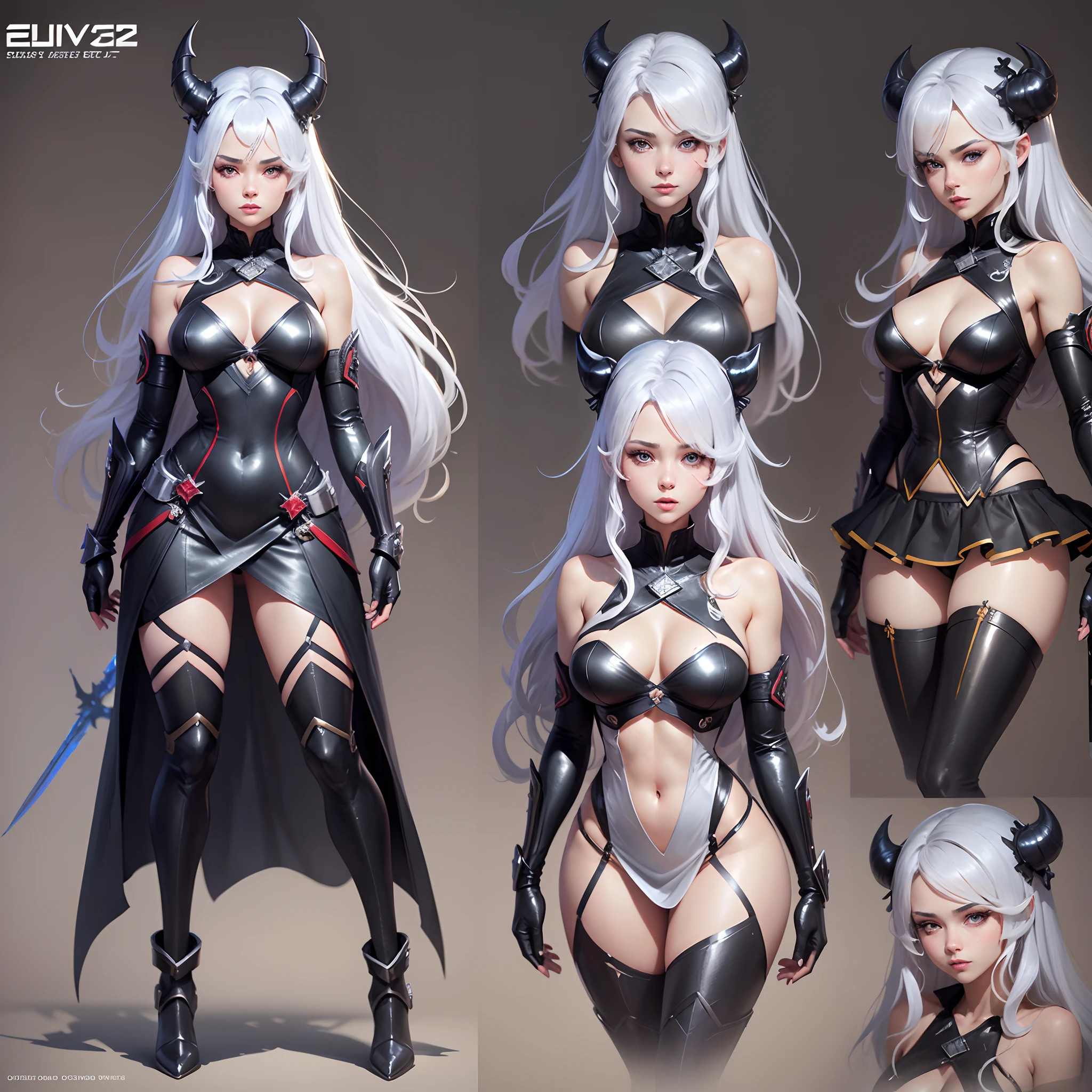 Close-up of a woman in a sexy outfit, wearing a mini skirt, with flowing hems, translucent fabric, ((character concept art)), ((Character design sheet, Same character, front, side, In back)) Character Image, graphic novel character design, adult comics, graphic novel character design, The women's hair is long silver with a golden parting, age: youth, eye color: heterochromia: One eye one is red, the other is black, (SCI-FI Одежда), Elau wears gloves with short cuffs on his hands, Wears special boots, with thin heels, high heels. When using certain skills, devilish horns appear on the head. He has a codename on his neck, High detail specialized concept art, Mysterious girl concept art, Fun character design. ConceptArt, avenging angel, (weapon:fire sword). --auto --s2