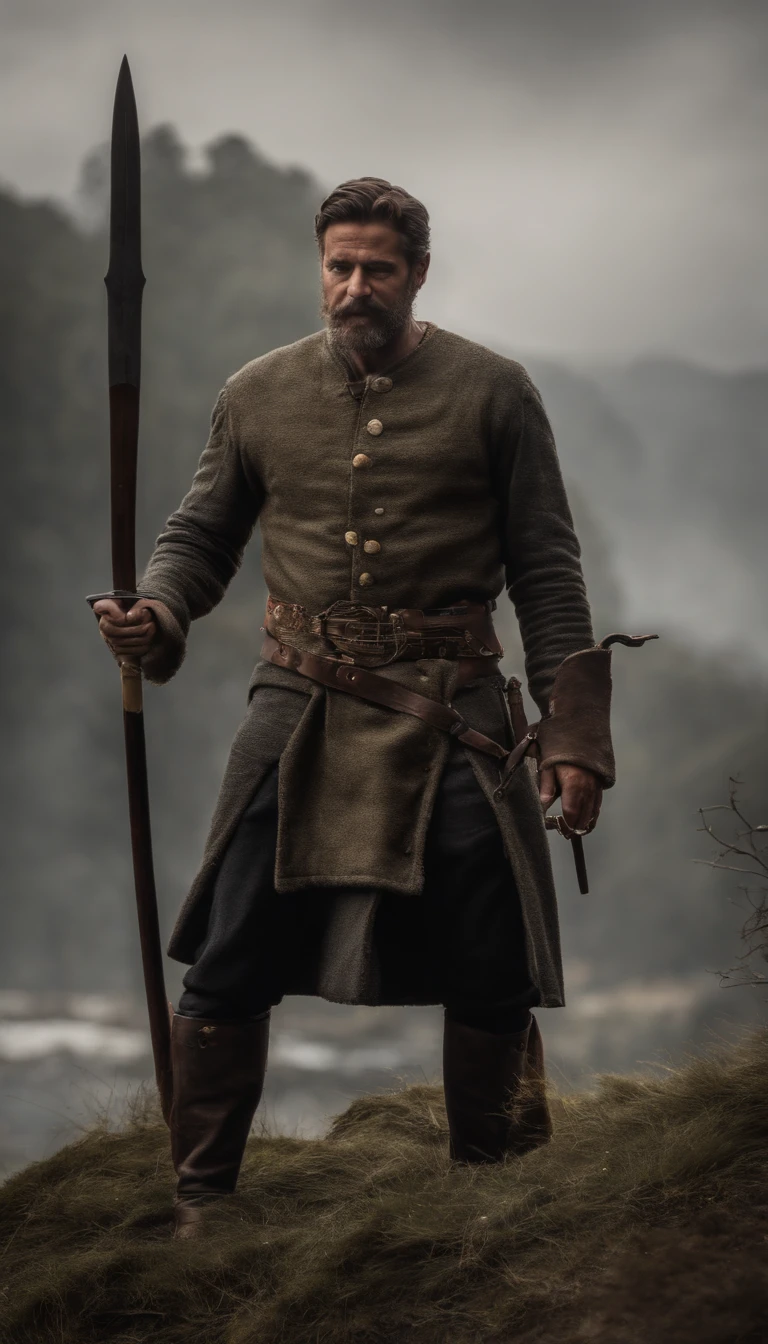 Guerreiro homem careca barba grisalha forte alto armadura espada escudo