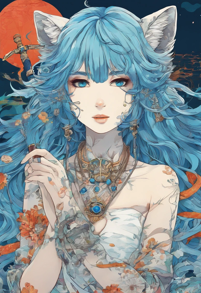 Garota de olhos castanhos escuros, Wolf necklace and with blue hair and with a katana in his hand