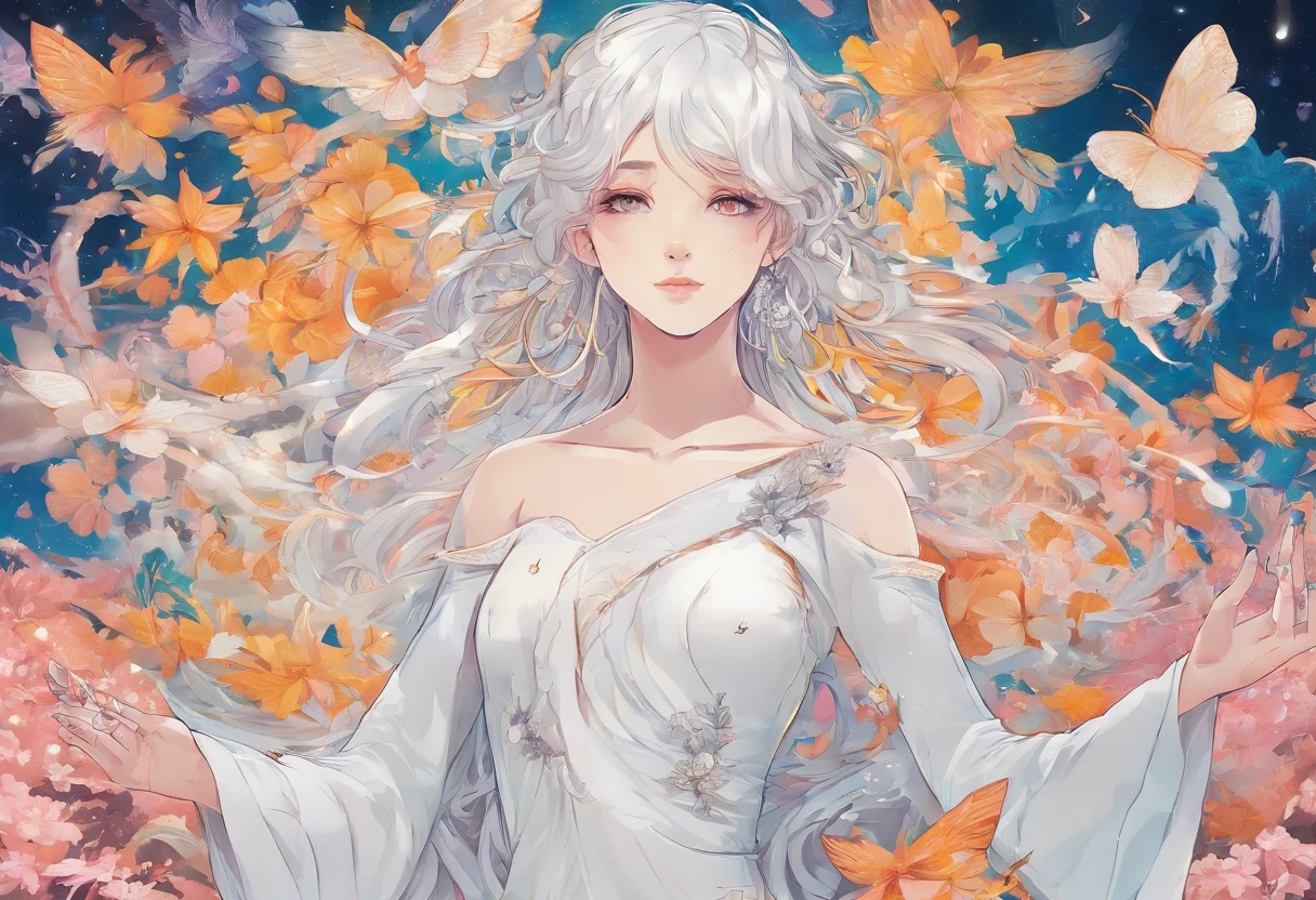 Mulher , adulta , roupas longas , cabelo Branco , Tattoos on the arm, tatuagens no corpo , anjo sem asas , roupas brancas , white dress , maga , magia , celestial , semideusa , 5-fingered hands , magia , maga ,