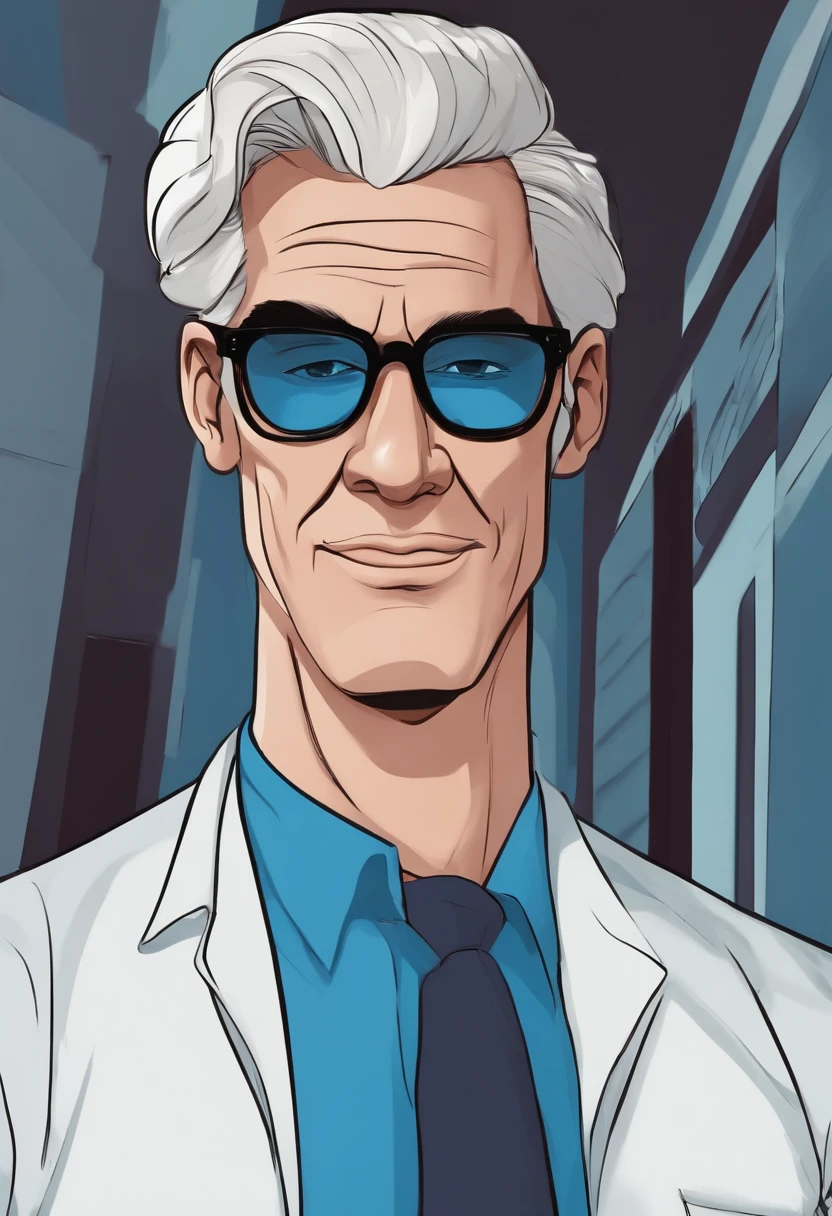 Cartoon character of a man wearing black glasses and a blue shirt