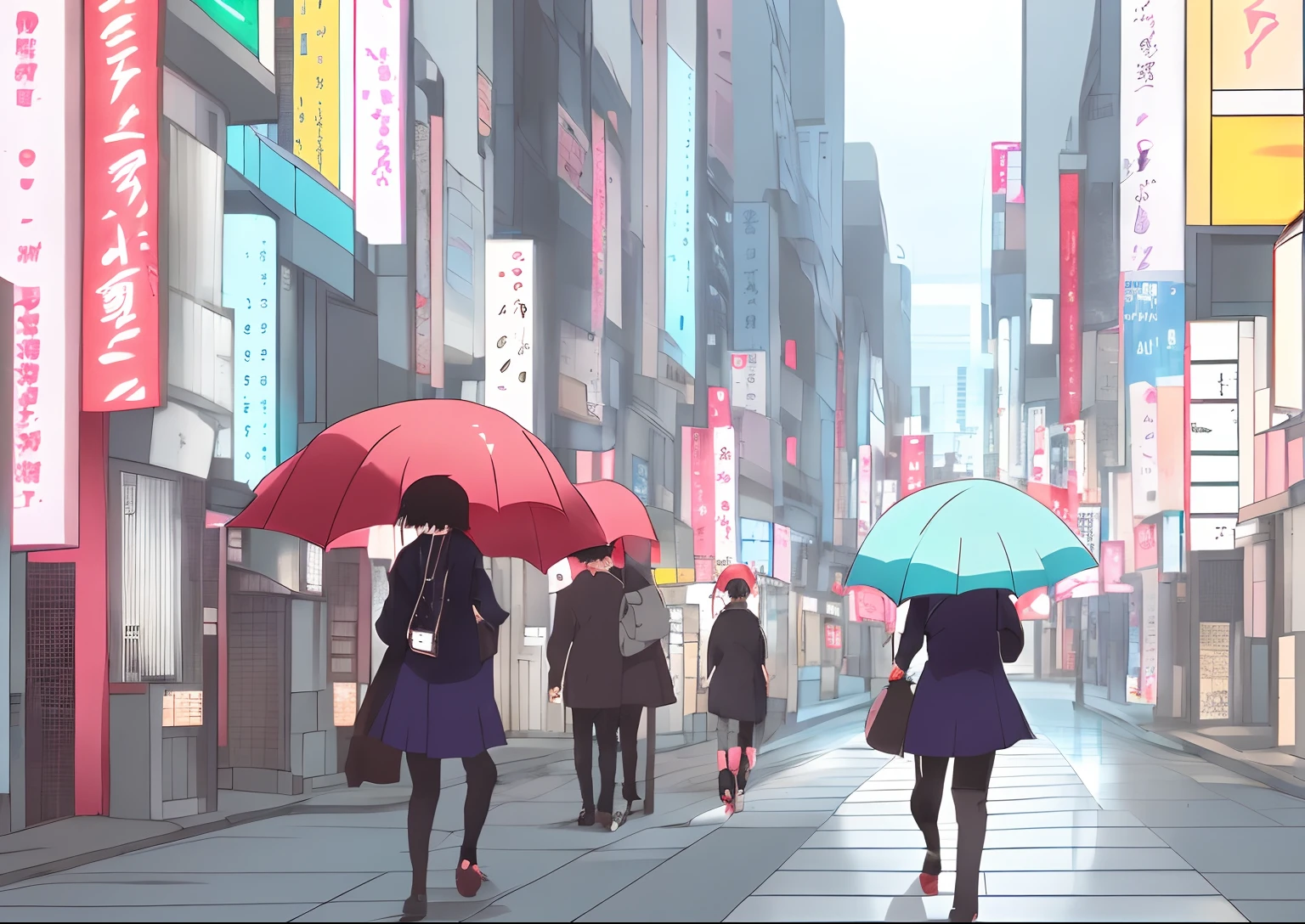 Anime character walking on city street with umbrella, tokyo anime anime scene, author：Kaneokase Kane, author：Uesaka Seka, inspired by Uragami Gyokudō, author：Nobusada Yanagawa, by Shinoda Toko, inspired by Hirohiko Araki, Guviz-style artwork, people with umbrellas