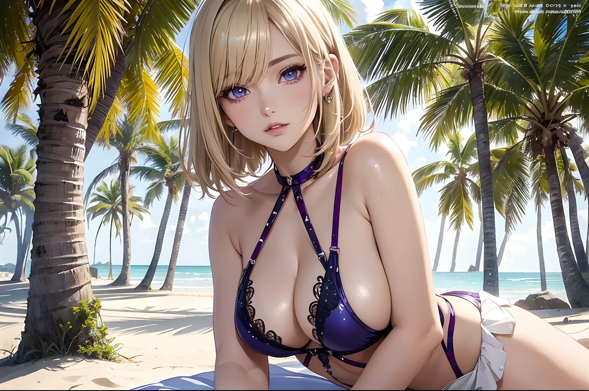 Realistic, Hyper Detail, Girls Only,  Dynamic Lighting, (Glossy skin: 1.5), Masterpiece, Top Quality, Absurdity, , one side short layered bob,((Blonde:0,7) and (light purple inner color:0.3) Hair), deep Purple Clear Eyes,((Beautiful, detailed eyes, jewel-like eyes, sparkling eyes:1.3)) BREAK 
a woman in a lingerie standing on a beach next to a tree, seductive anime girl, beautiful alluring anime woman, beautiful alluring anime teen, attractive anime girl, beautiful anime girl, realistic bikini, beautiful anime woman, anime girl, pretty anime girl, swimsuit, beautiful anime, beautiful anime artwork, | fine detail anime, anime best girl, detailed digital anime art