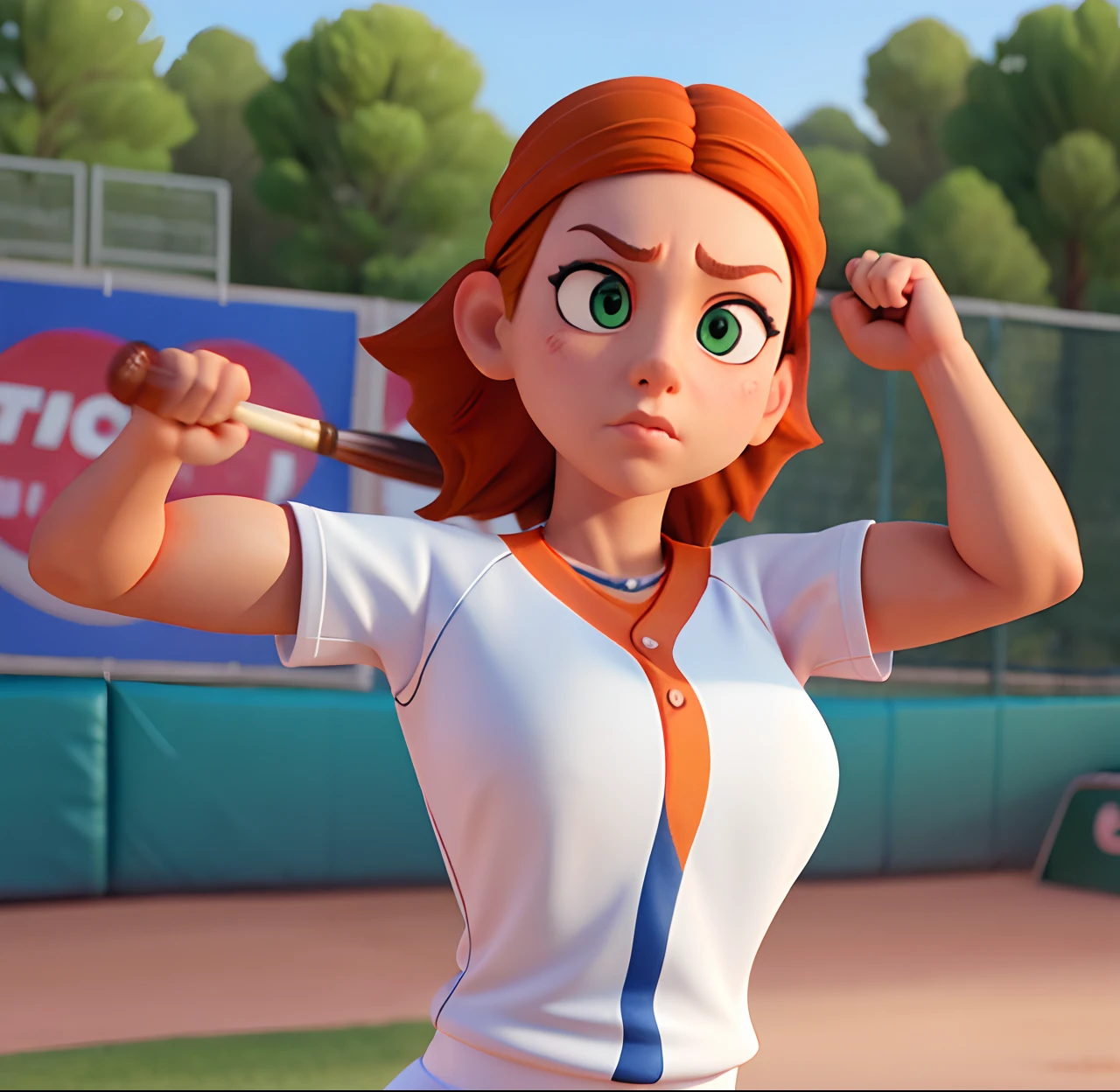 Masterpiece, (watercolor:1.3), (short stack:1.1), forward facing, eyes on camera, serious expression, (action shot:1.4) , (upper body strength:1.3), contrapposto (tattoo:1), softball pitcher, auburn hair, green eyes, (string bikini:1), pitching a softball at viewer, (focus on softball in foreground:1.4), sunny, natural lighting, High definition, excellent resolution, excellent quality, insane detail, semi realistic, postprocessed, crisp face, facial features, extremely detailed, facial features