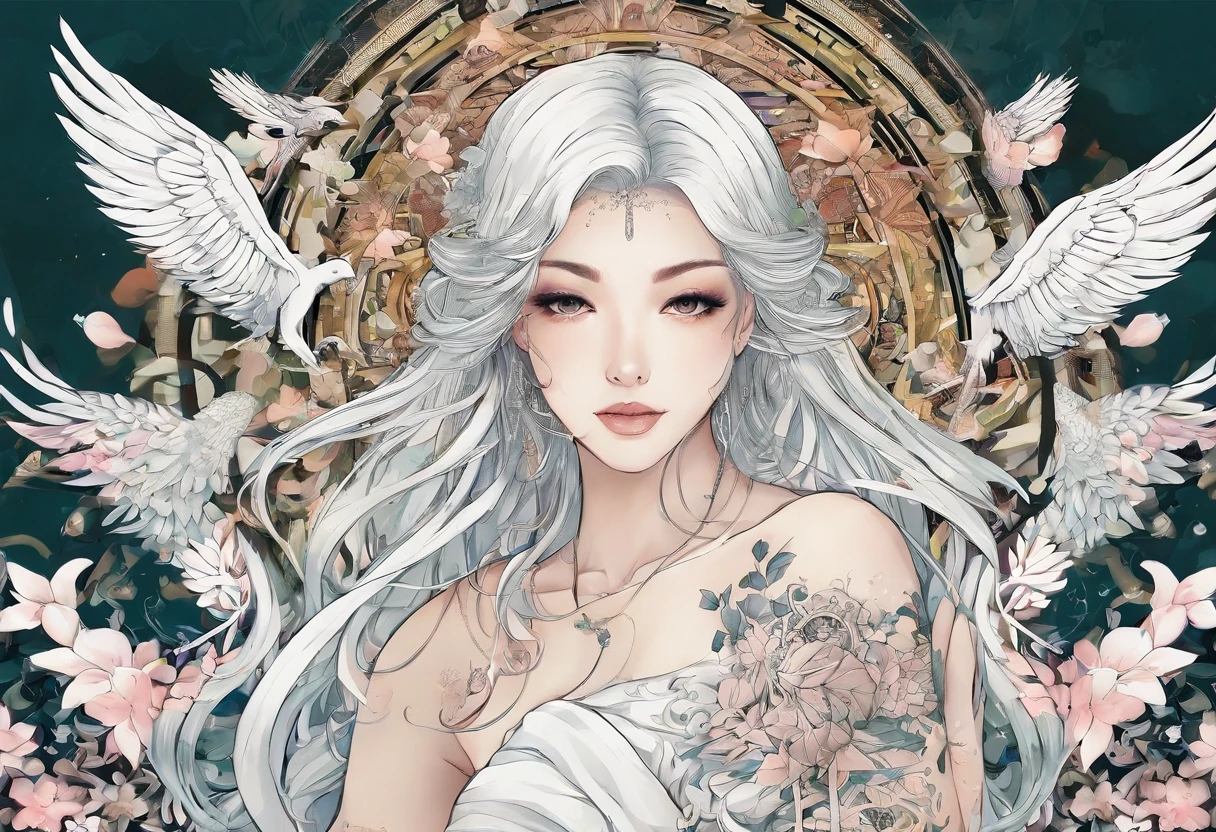 Mulher , adulta , roupas longas , cabelo Branco ,((( Tattoos on the arm, tatuagens no corpo ))) , anjo sem asas , roupas verdes , white dress , maga , magia , celestial , semideusa , 5-fingered hands , magia , maga ,