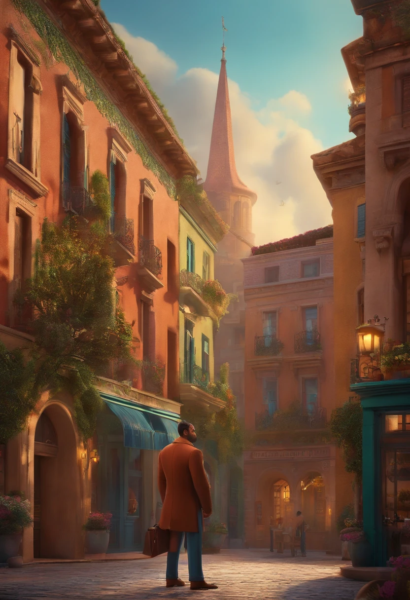A city councilman looking at a dream project inspired by Pixar animation, de perto. The character takes center stage with captivating facial expressions, oferecendo um toque de irrealidade