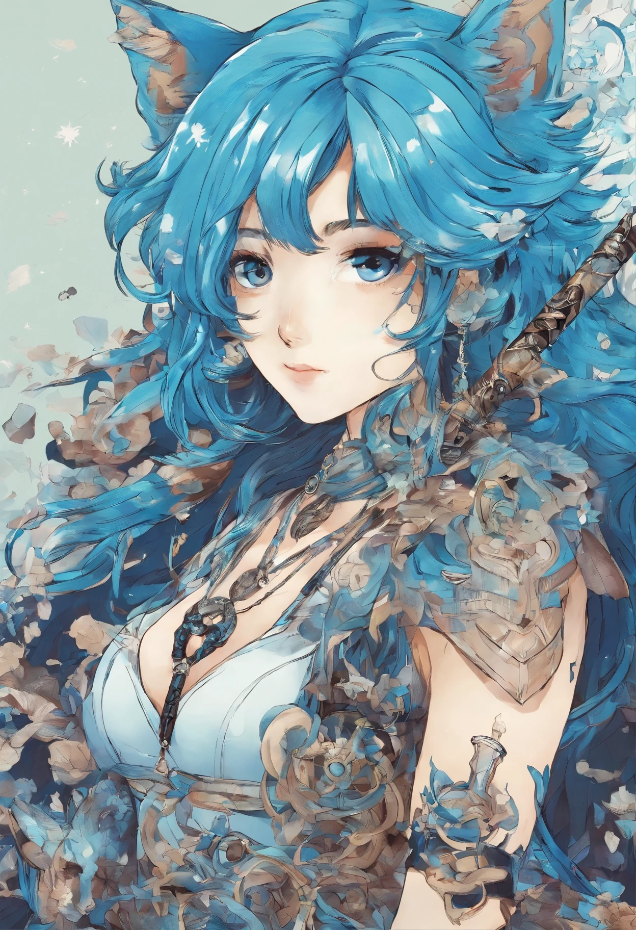 Garota de olhos castanhos escuros, Wolf necklace and with blue hair and with a katana in his hand