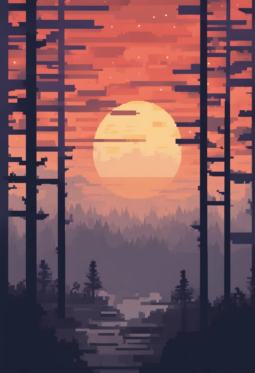 Sun set in a foggy forest during winter