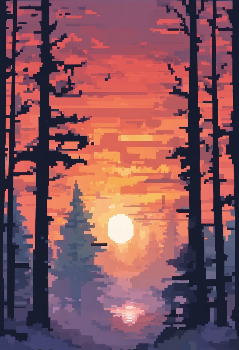 Sun set in a foggy forest during winter