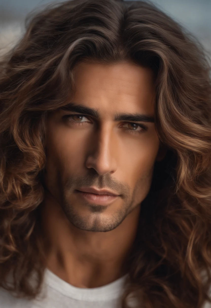 man who is 6'4 and 21 years, white race, masculine features, the most beautiful man, long brown hair, hunting amber eyes, greek god beauty, attractive, eyes hunting, hot body, sexy, passionate, thick brown eyebrows, hollow cheeks, plump rosy full Russian male lips, glowing ethereal beauty, flawless youthful skin
