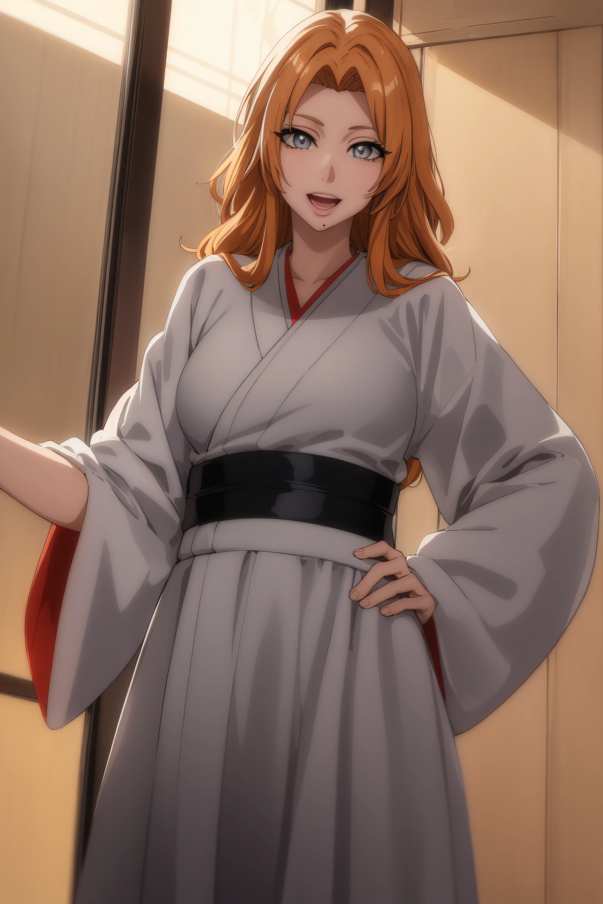 1women,milf, rangikumatsumoto, rangiku matsumoto, long hair, (grey eyes:1.5), orange hair, mole, mole under mouth, parted bangs, open mouth, smile,
BREAK wearing White_kimono,
BREAK indoors, classroom,
BREAK looking at viewer, (cowboy shot:1.5),standing,pose, hand on hip,
BREAK (masterpiece:1.2), best quality, high resolution, unity 8k wallpaper,NSFW ,(illustration:0.8), (beautiful detailed eyes:1.6), extremely detailed face, perfect lighting, extremely detailed CG, (perfect hands, perfect anatomy),