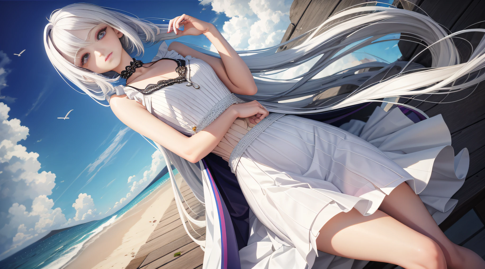 realisticlying，1girll，White hair，a purple eye，Cut the top，a skirt，parted lip，Be red in the face，suns，rays of sunshine，white  skirt，short  skirt，Medium length hair，Realiy，Warm colors，Short white dress，white  clothes，Background color light，Daytime environment，Bright color background，，the ocean，adolable，exquisite and beautiful eyes，Delicate lashes, beautiful  face,