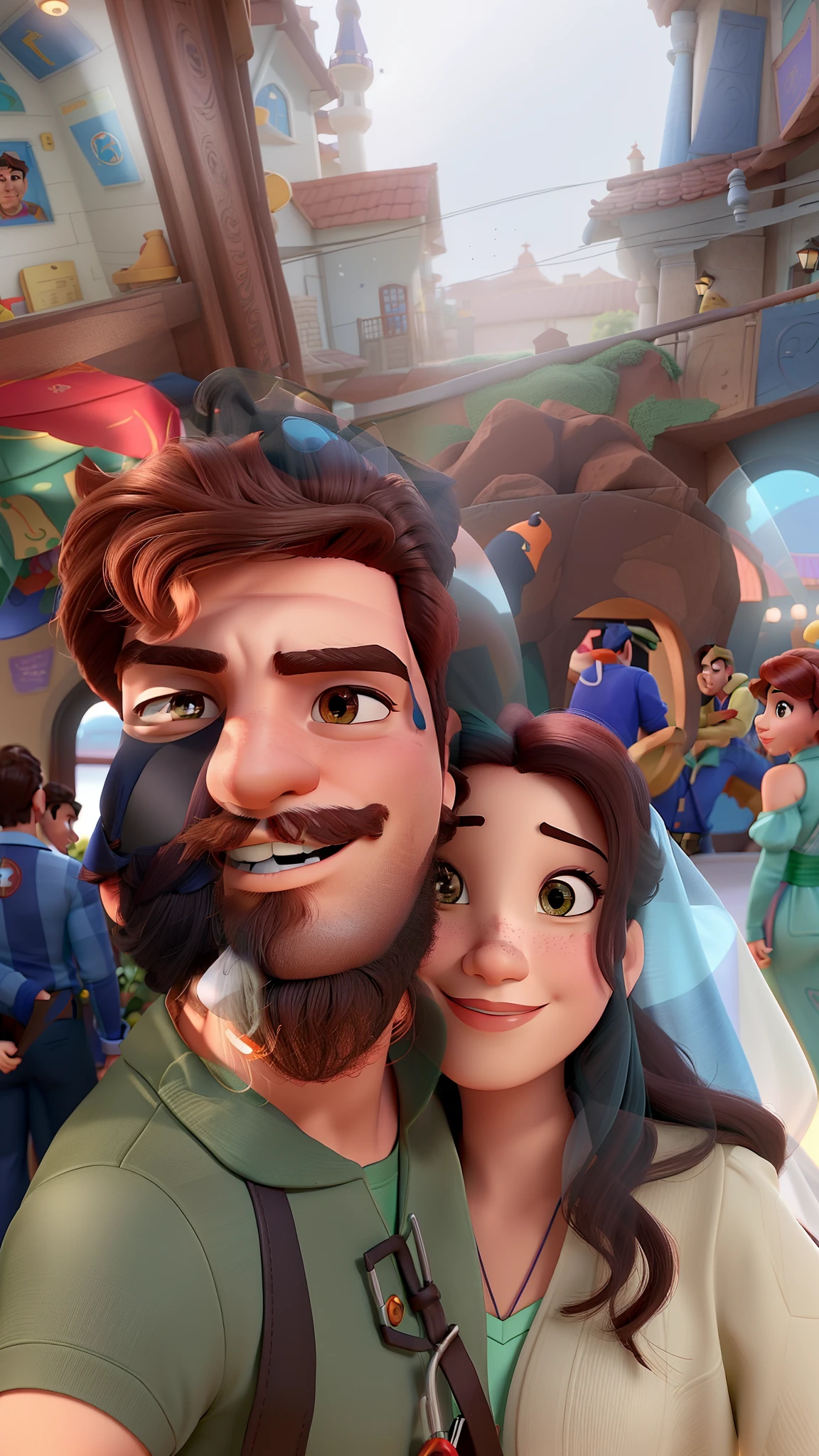 Casal (homem moreno e mulher branca) no estilo Disney Pixar, alta qualidade, melhor qualidade.