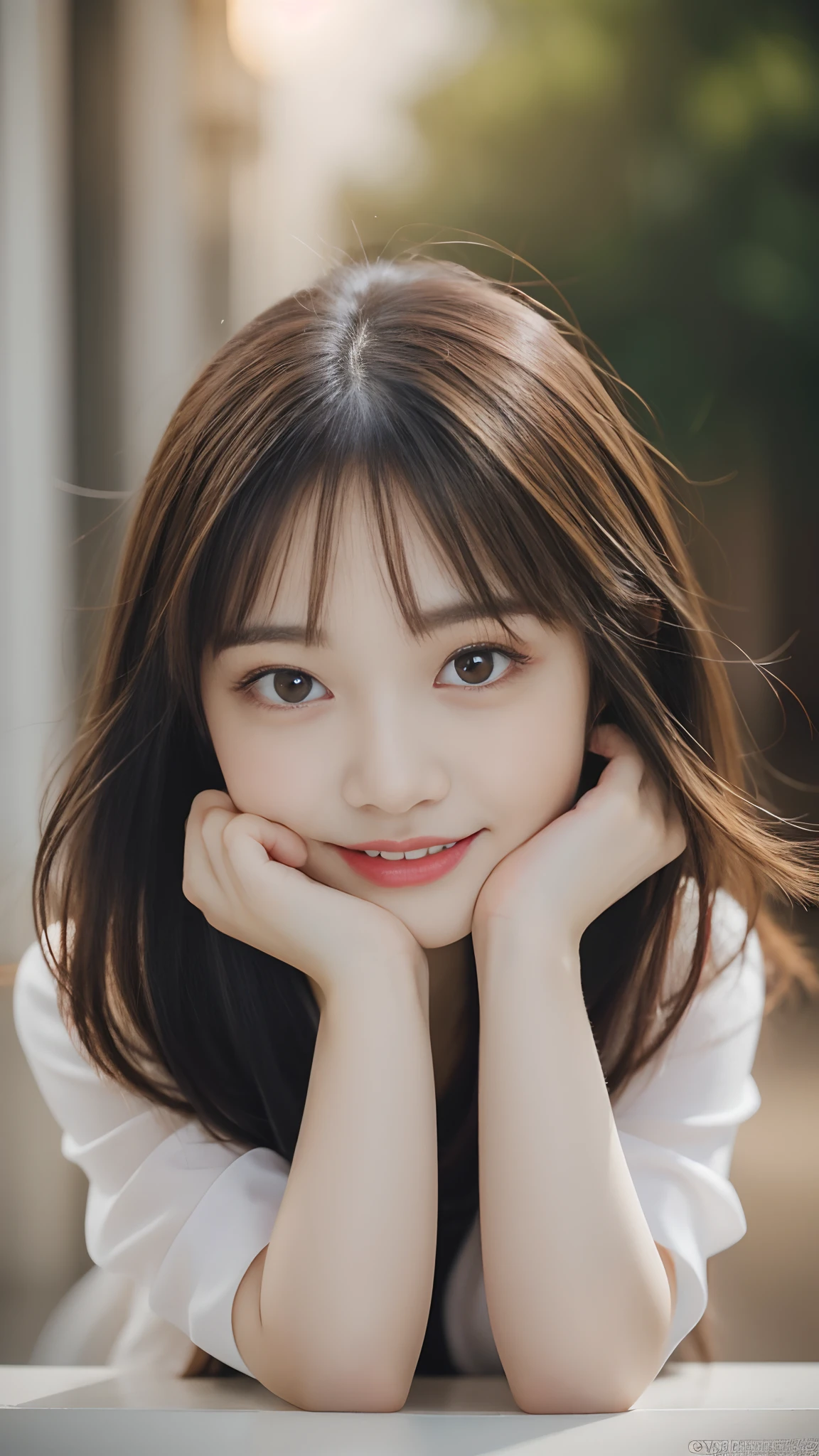 Tabletop, Highest quality, shape, Very detailed, finely, High resolution, 8k wallpaper, 完璧なダイナミックな構shape, Beautiful and exquisite,ランダムなcute髪,,Natural color lip, Bold sexy pose,smile、20-year-old girl、cute、Always blur the background,Perfect and beautiful face,Slim face and figure,Big eyes、Putting on gal makeup,Small face,Shooting from below、smile,Blurred Background,Elegant feminine face、Cyberpunk Fashion、Change pose randomly、Randomly change the shooting angle and position、smile、Top to bottom々Shoot from the right angle and direction、cute、cute顔、Being in the rain、Sheltering from the rain