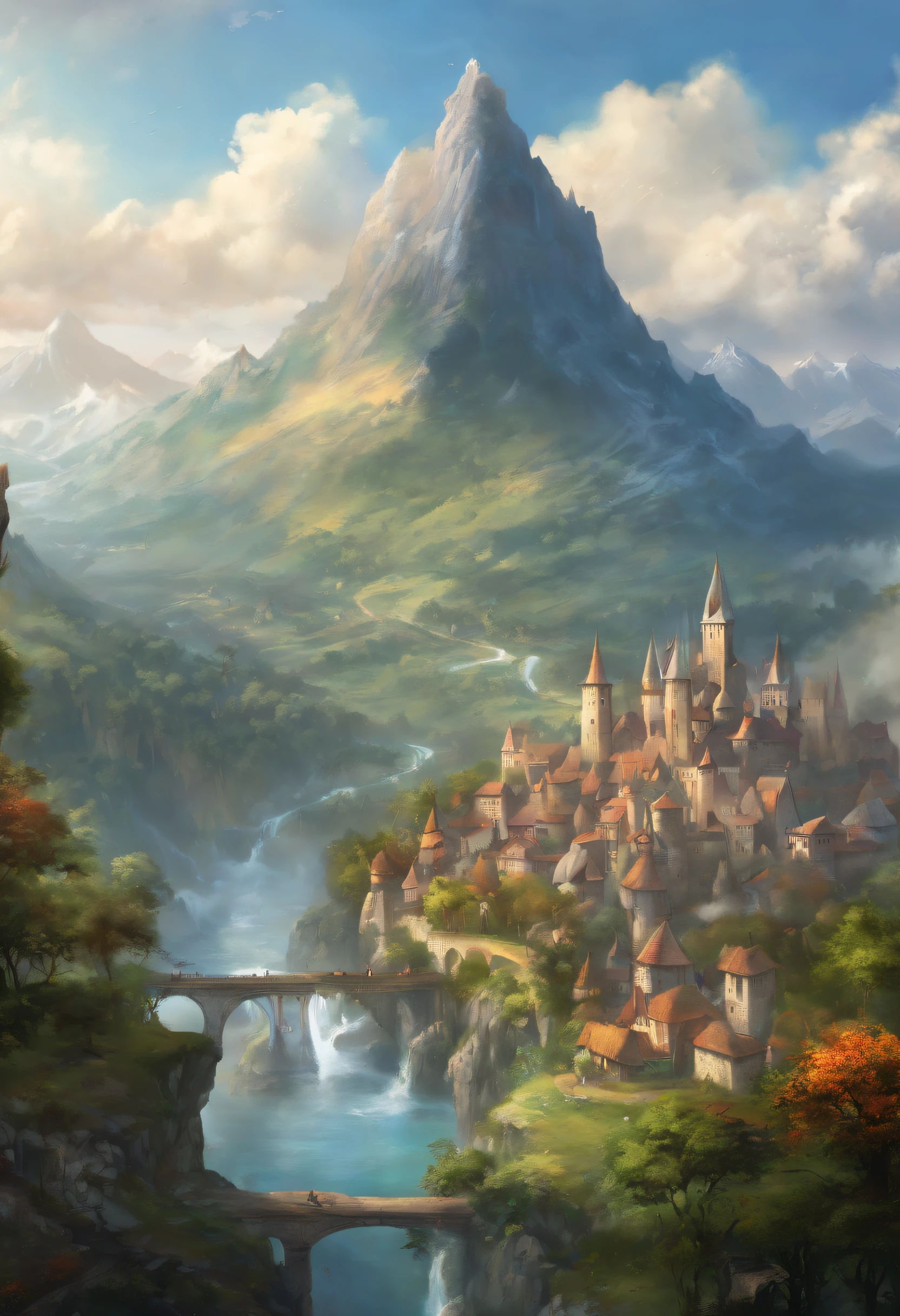 ((far wide view)), (a very tall tropical mountain with a peak full of Snows and Mists:1.5), (large Medieval city at the foot of the mountain:1.8)