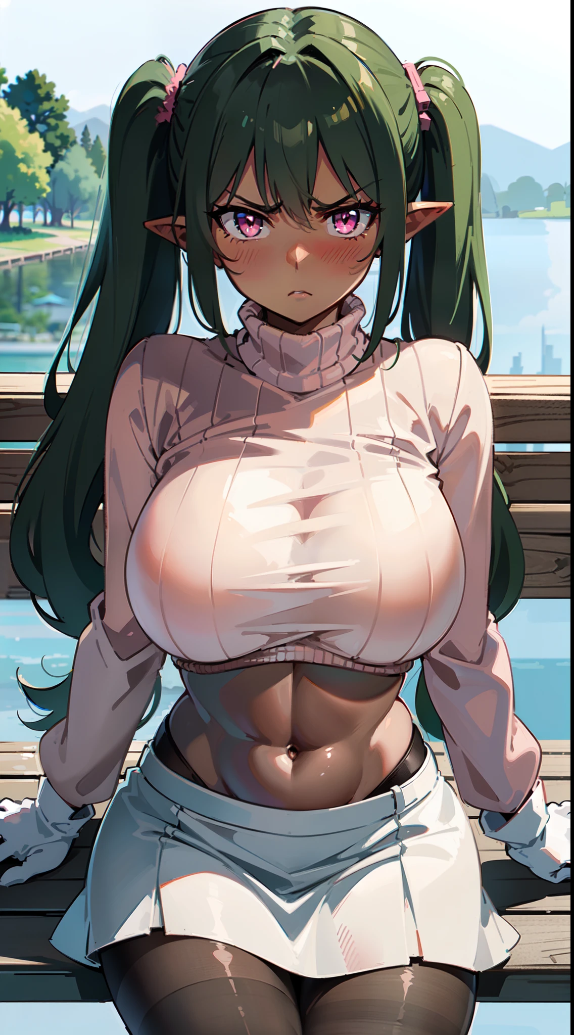 masterpiece, best quality, extremely detailed, anime, 1girl, mature female, solo, (dark brown skin:1.6), EchidnaQuiron character, (huge breasts:1.4), (((green hair, long hair, twintails, pink eyes, pointy ears))), parted lips, (((pink turtleneck sweater, long sleeves, crop top, navel, white gloves, medium white skirt, black pantyhose))), ((blush, angry), closed mouth), ((sitting on the bench, lake))