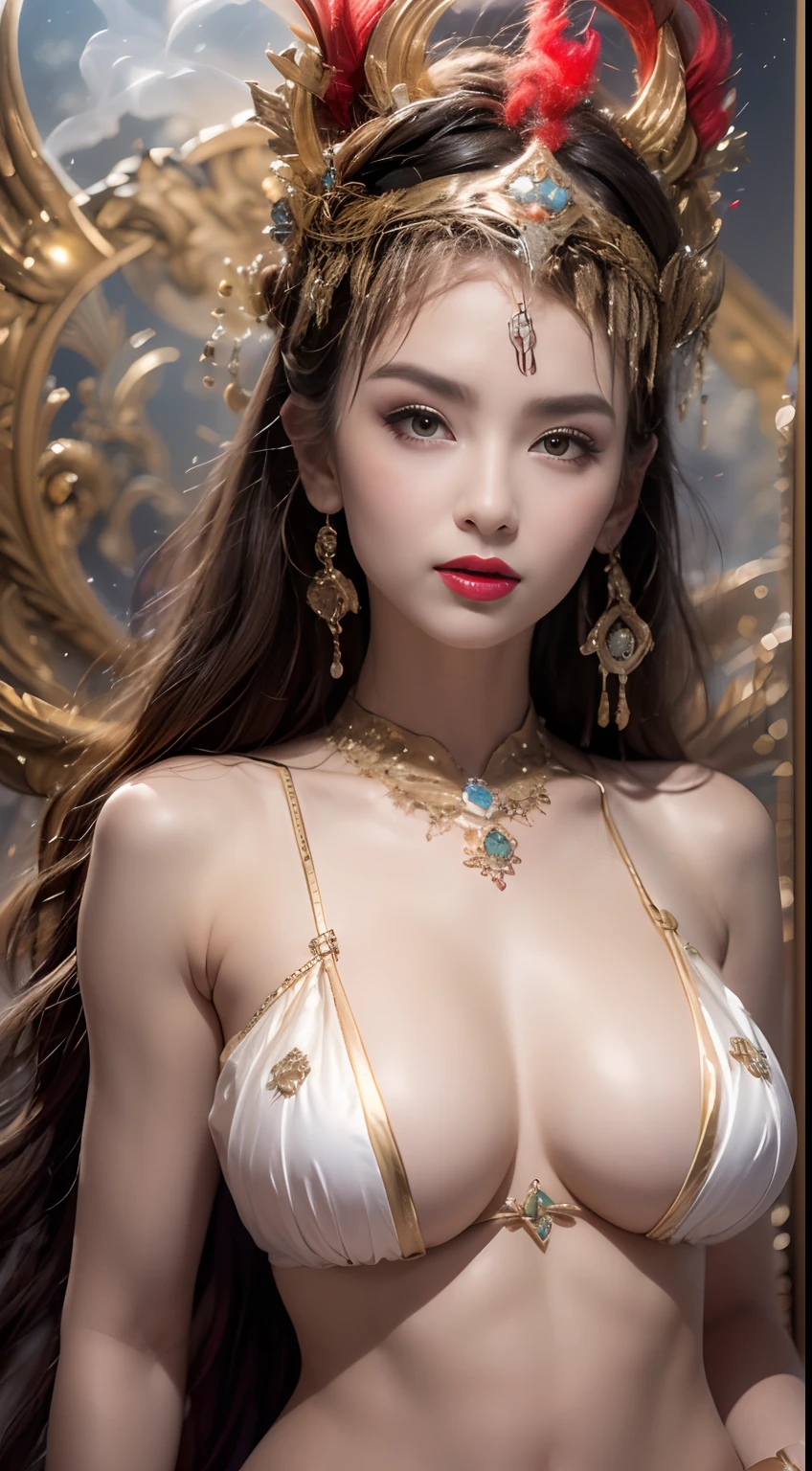 The greedy beautiful saint , Show off her topless breasts, Her beautiful face is perfect, ((Natural smile:1.0)), ((flat bangs:1.2)), (((Long hair)) : platinum:0.8 ))) Big Crown, Hair brooch, Humph skirt, Fanciful Han style, Full Body Jewelry, Tattoo on the forehead, Super flat chest, woman face, face-makeup、Fine、delicated, Beautiful face, (((Including porcelain teeth: 0.8), The most beautiful and detailed pale red lipstick, Huge breasts, Super Round and Balance, (((plump and thin lips: 0.3) )), ((Yellow eye color: 1,2), Detailed and subtle lighting effects, Light and Darkness, Light impression, magical light, Detailed light, True Color, Super sharp, Realistic, High-quality 8K volume, Fantastical space background, Saints and fanciful spaces, The most detailed image, ((Solo:0.3)), ((Holy Goddess:0.6)), (( look at). Straight to the top of the Santo body:0.4)), Upper body, ((Smooth skin:0.5)), ((Solo:1.3)), ((( Alone Girl : 1.3)), Portraits of saints, Short photo, Full body portrait, (((Open mouth:0.6))), Digital Reality, ((Funky red smoke effect:1.2)),