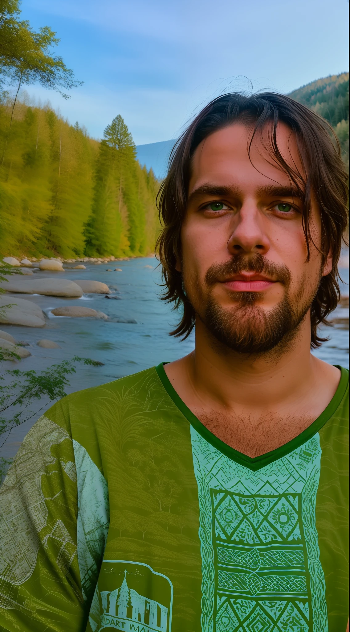 There's a man standing in front of a river in a green shirt, Konstantin Porubov, Andreas M Wiese, em glitchart jared forest, jony ives, inspirado em Justin Currie, Chriss Foss, Paulo Barson, Greg Rutkowski ", Michael Kutsche, River in front of you, Maxim Shirkov