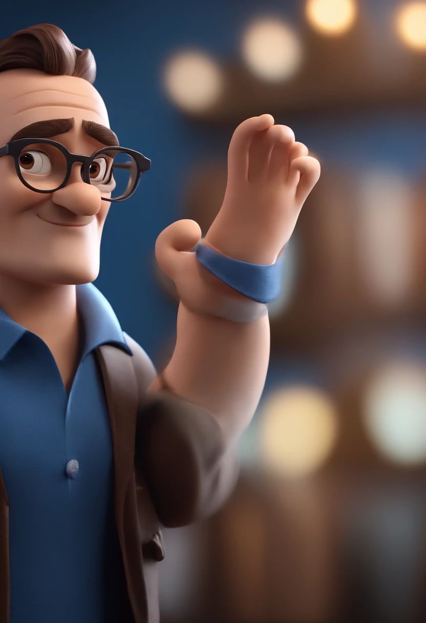 Cartoon character of a man with black glasses and a blue shirt, animation character, Caractere estilizado, animation style rendering, 3D estilizado, Arnold Maya render, 3 d render stylized, toon render keyshot, Personagem 3D, Personagem 3D, 3d rendering stylized, 3 d character render, personagem de desenho animado, Personagem de close up, Pose de personagem,  (Estilo Pixar) (master part:1.2) (Bokeh) (best quality) (pele detalhada) (textura detalhada) (8k) (argila) (Cinematic lighting) (foco nítido