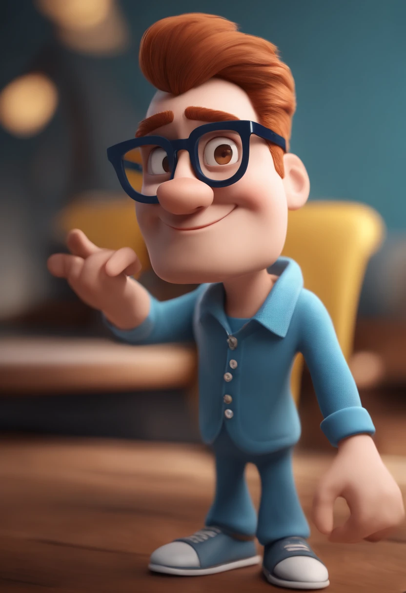 Cartoon character of a man with black glasses and a blue shirt, animation character, Caractere estilizado, animation style rendering, 3D estilizado, Arnold Maya render, 3 d render stylized, toon render keyshot, Personagem 3D, Personagem 3D, 3d rendering stylized, 3 d character render, personagem de desenho animado, Personagem de close up, Pose de personagem, (Estilo Pixar) (master part:1.2) (Bokeh) (best quality) (pele detalhada) (textura detalhada) (8k) (argila) (Cinematic lighting) (foco nítido