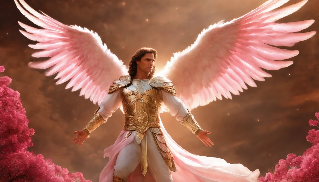 male character, the archangel Michael, celestial image, intricate details, realistic, PINK and large wings, angelic background, catholic illustrative image of the archangel Michael, Male character from the Bible, Michael is wearing his angelic armor, cosmic background, Illumination on Archangel and the background, image of the angel's entire body, Maximum detail and his face and angelic wings, perfect and realistic skin, Maximum image quality, Miguel stands out in the image with strong and attractive colors.