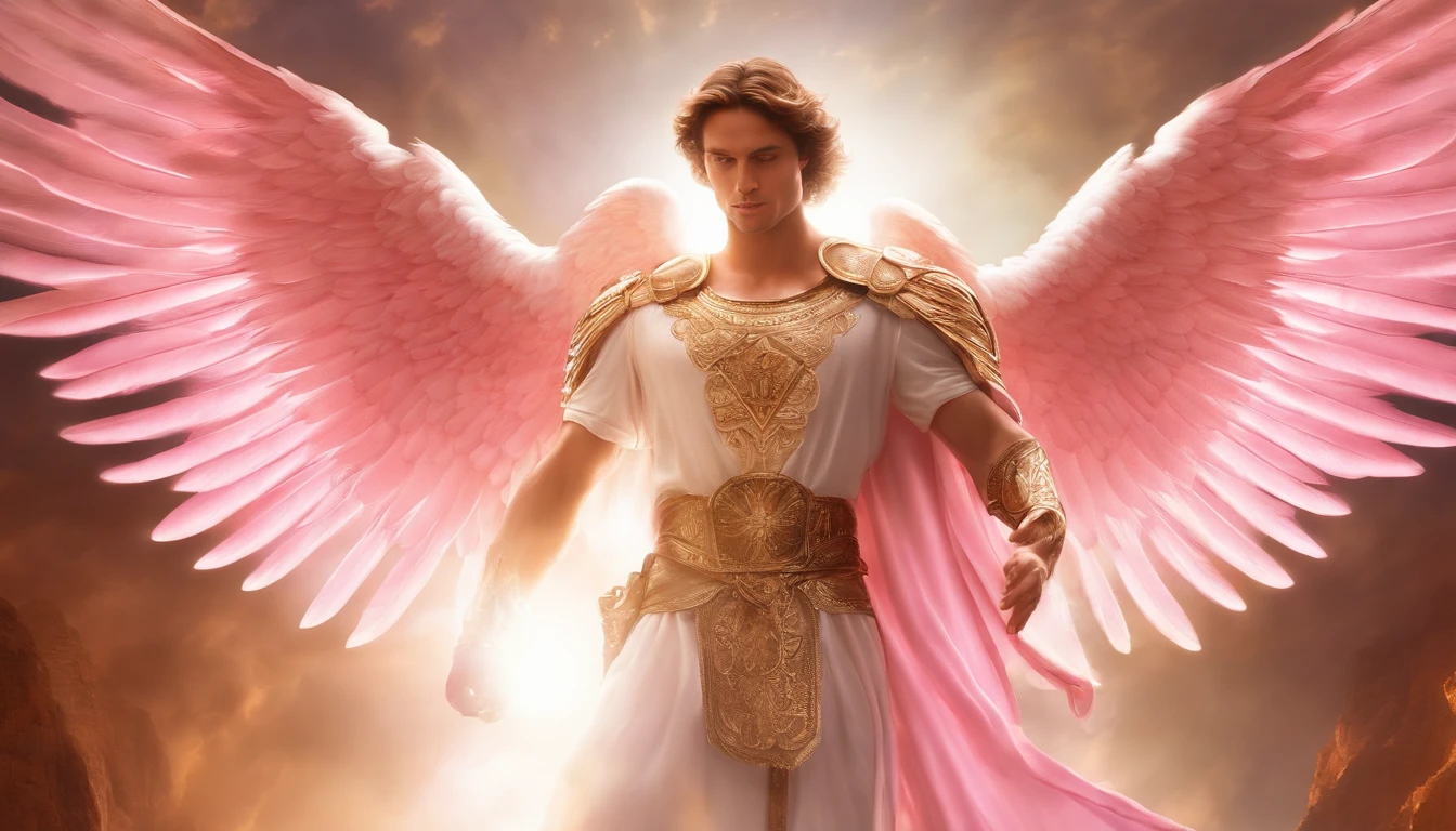 male character, the archangel Michael, celestial image, intricate details, realistic, PINK and large wings, angelic background, catholic illustrative image of the archangel Michael, Male character from the Bible, Michael is wearing his angelic armor, cosmic background, Illumination on Archangel and the background, image of the angel's entire body, Maximum detail and his face and angelic wings, perfect and realistic skin, Maximum image quality, Miguel stands out in the image with strong and attractive colors.