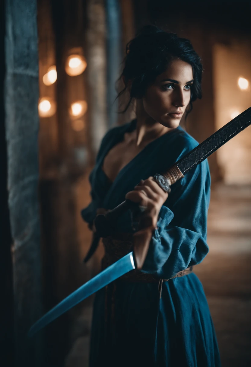 Girl with dark brown eyes and blue hair and with a katana in her hand