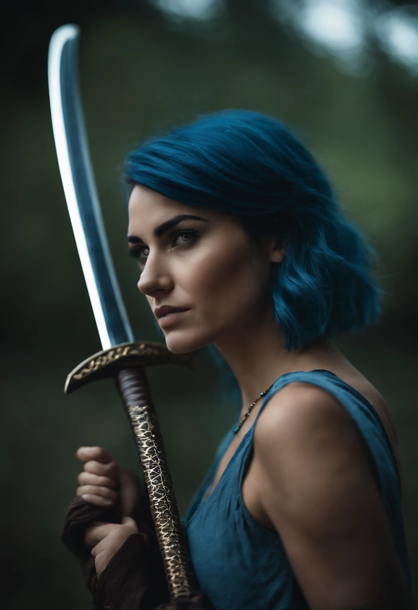 Girl with dark brown eyes and blue hair and with a katana in her hand