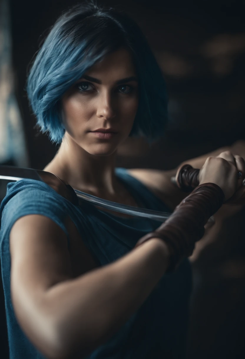 Girl with dark brown eyes and blue hair and with a katana in her hand