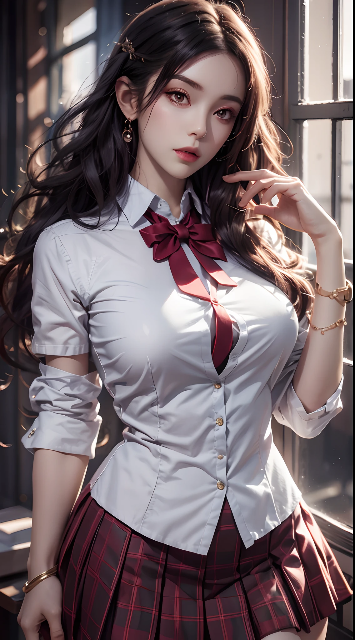 Photorealistic, high resolution, 1womanl, Mature female, Solo, Hips up, jewelry, Wavy hair, Long hair, school uniform, shirt, Skirt，