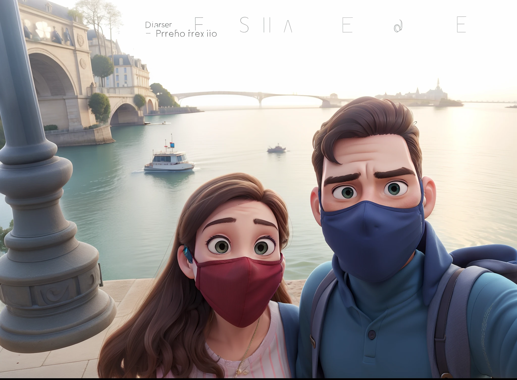 Couple in masks in selfie phrasing in France, Paris, ao fundo do rio sena, melhor qualidade, Disney pixar