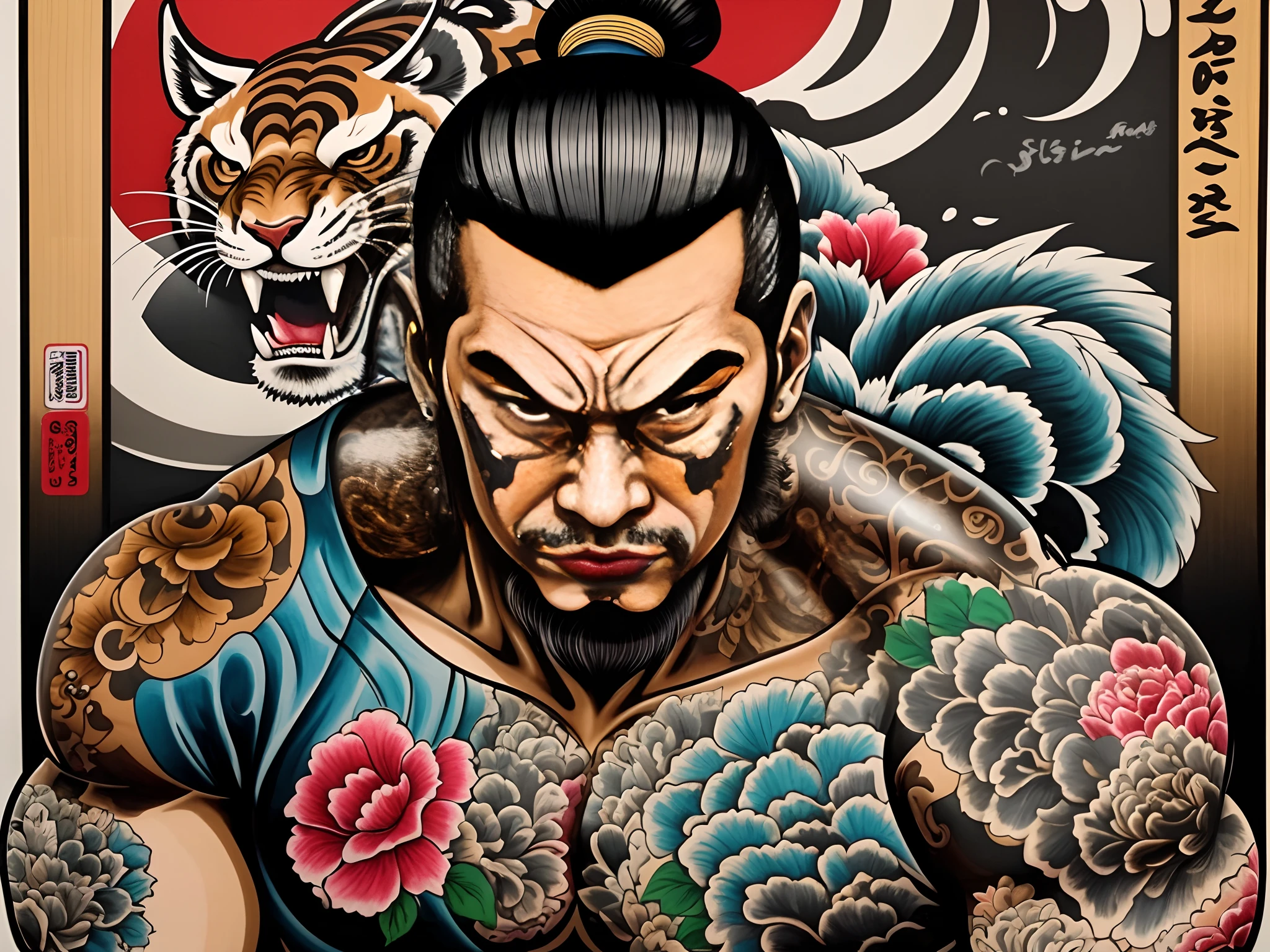 The portrait features a five-man Yakuza gang with tattoos of ancient Thai amulets. The backdrop is a Japanese city alley.