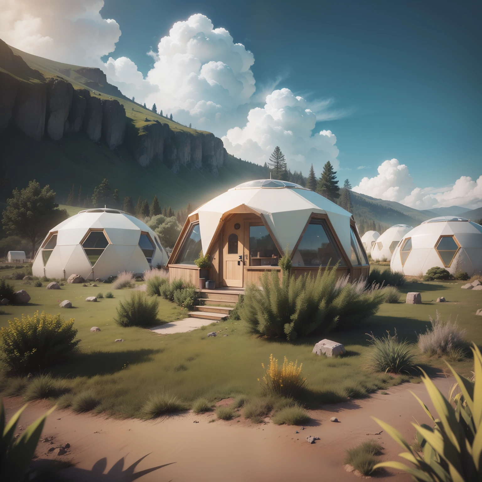 Mountain area at the foot of the sea, Undergrowth zone, Arquitetura futurista, construction of various igloos, Glamping, domos,Arquitetura futurista, Bioclimatic Architecture, Iglos brancos, white domes, tendas, Campismo, solar panels. tendas zen sobre plataformas de madeira em estacas no terreno, wooden walkways between the igloos, Arquitetura Deslumbrante, renderizado, Ultra HD 3d hiper-realismo, muito detalhe, obra-prima, mais alta qualidade, detalhe intrincado, melhor textura, realista, 8k, luz suave, sombra perfeita, celestial, , Sleeping capsule, Ubobadadas , e de realidade virtual