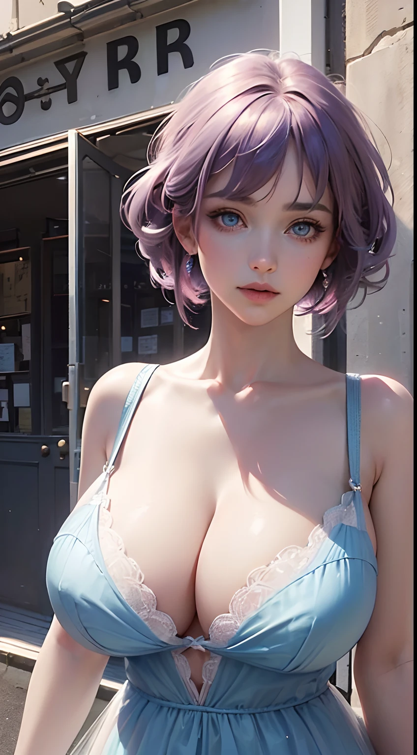 ((Masterpiece,Best quality,Ultra-clear details，8K))，((Upper body))，(beautiful pupil，blue color eyes)，Spring dress, Purple colored hair, En plein air,  short transparent dress,, Suspenders, Light and tulle, Wide hips, Thin waist, Soft and delicate skin，(huge tit，gigantic cleavage breasts)