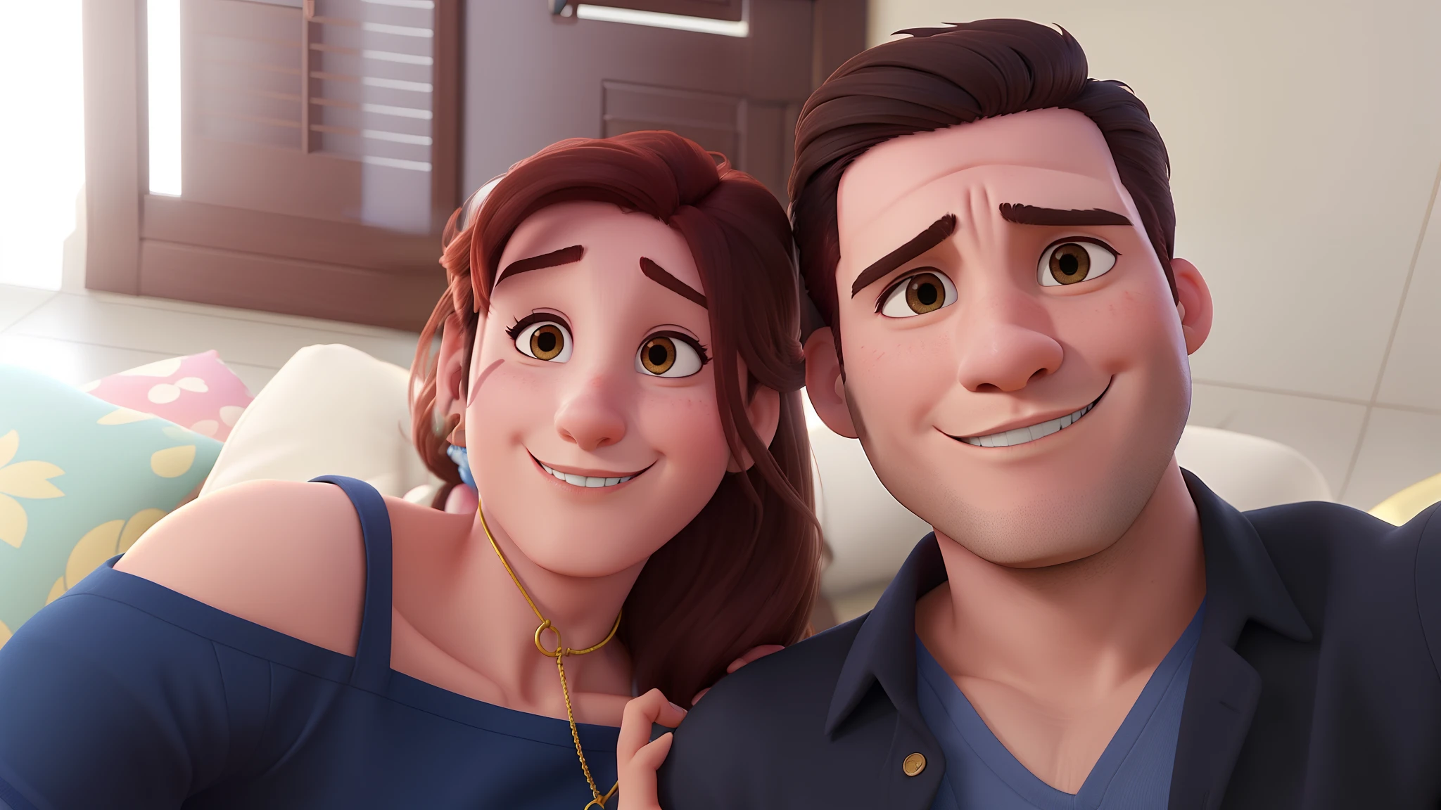 Casal (homem moreno e mulher branca) no estilo Disney Pixar, alta qualidade, melhor qualidade.