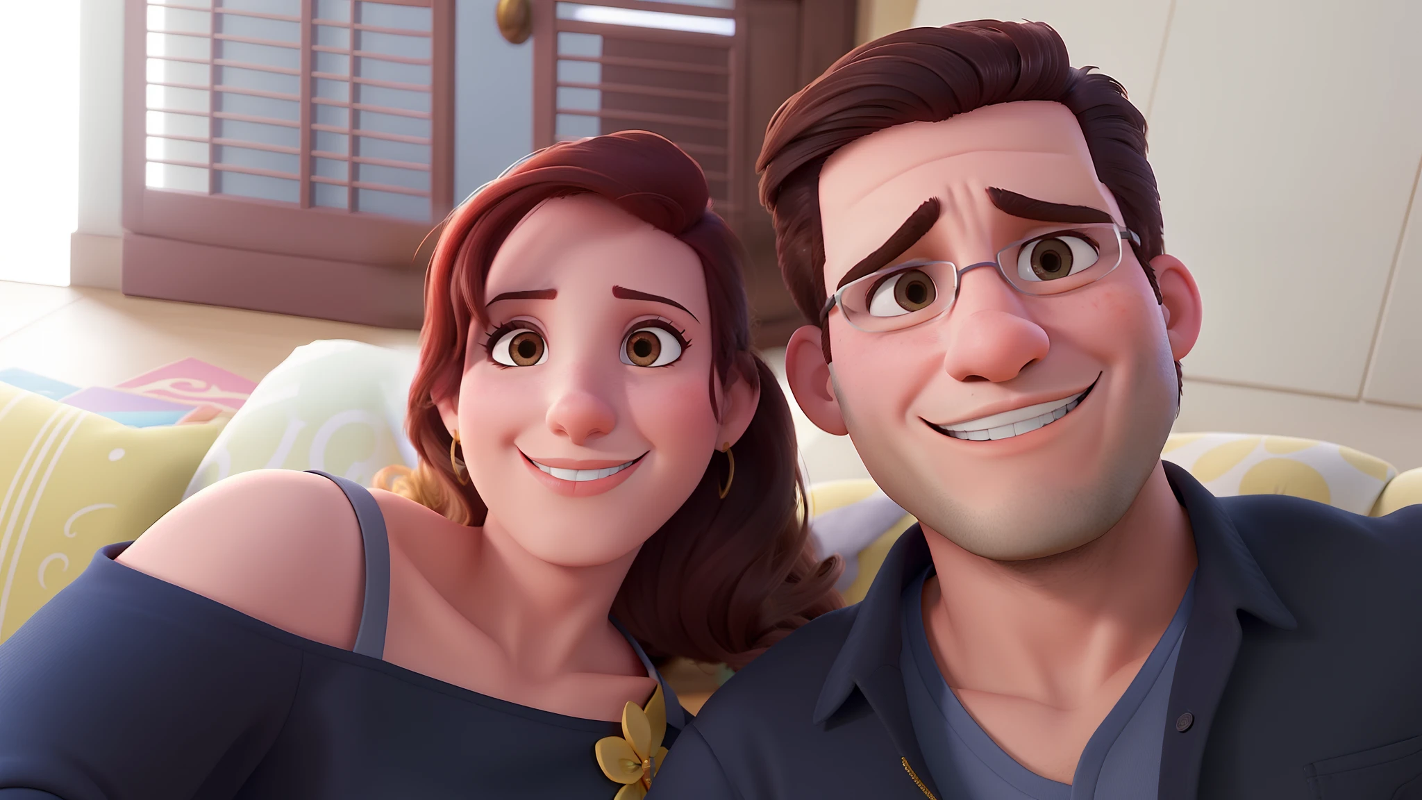 Casal (homem moreno e mulher branca) no estilo Disney Pixar, alta qualidade, melhor qualidade.