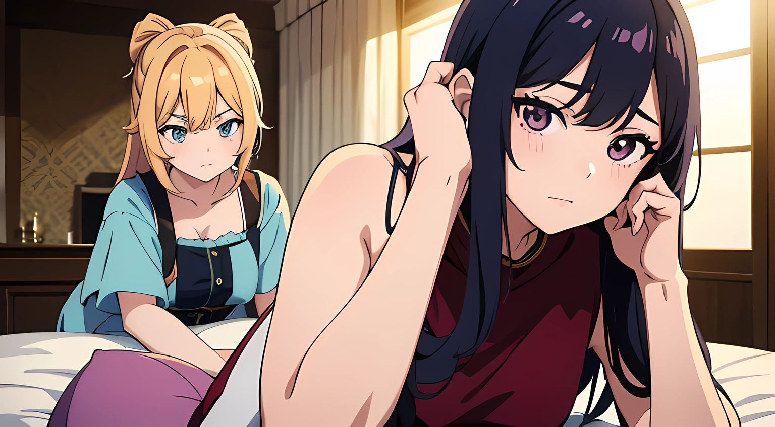 3 girls, girls with different hair colors, girls in dresses, young and beautiful, royal sister, young anime people, anime moe art style, watching audience, close-up, seductive expressions, rich colors, in luxurious villas, lying on the bed, looking at the phone, vibrant appearance, playful accessories, creative behavior, imaginative, sensual, spontaneous, delicate facial features, clear facial expressions, detailed digital animation art, digital animation art, high-quality anime art style,