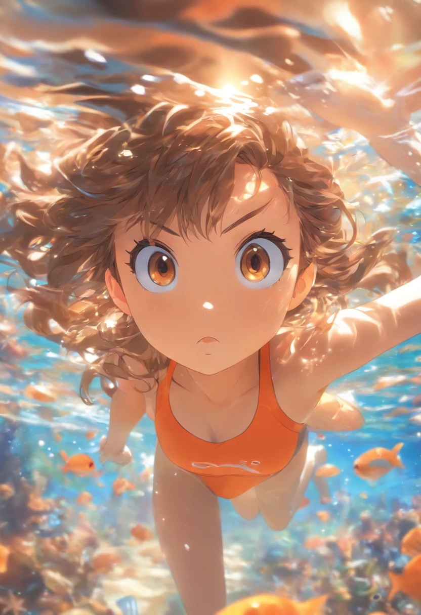 foreshortening,  Depth of field, Masterpiece, Best quality, 1girll, Brown hair, Brown eyes,  Long hair, Underwater, airbubble, Solo, view the viewer, School swim wear, Swimming,  Dappled sunlight,