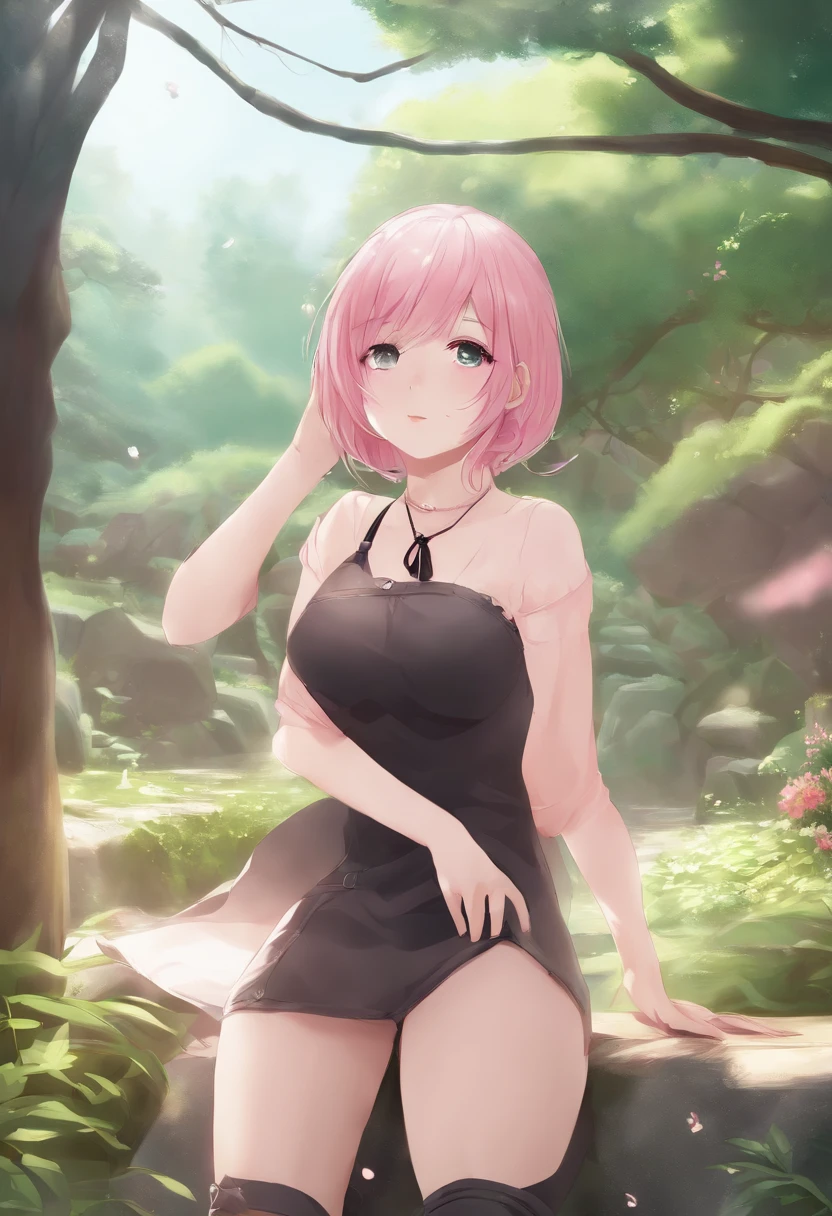 anime girl with pink hair and green eyes posing for a picture, big tits, huge breast,haruno sakura, best anime 4k konachan wallpaper, seductive anime girl, marin kitagawa fanart, sakura petals around her, splash art anime , anime style 4 k, anime moe artstyle, high quality anime artstyle, detailed anime artwork, anime wallaper, anime best girl