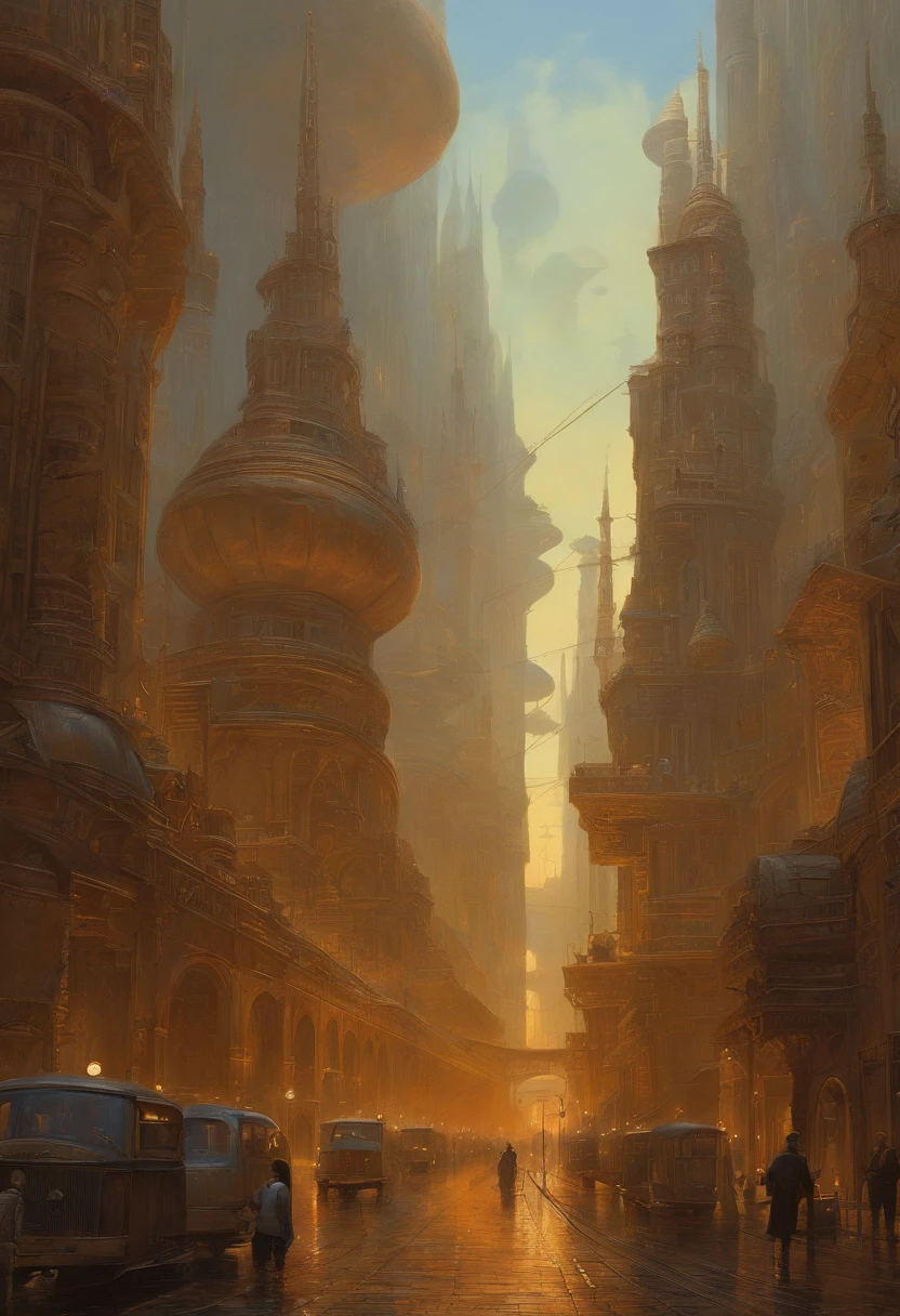 There is a painting of a futuristic city with a giant robot head, non-human face, Peter Gric e Dan Mumford, beksiński and james jean, Michael Whelan e a Pixar, Justin Gerard e Greg Rutkowski, Estilo por Daniel Merriam, Andreas Rocha e John Howe , Weta Studio e James Jean, Larry MacDougall