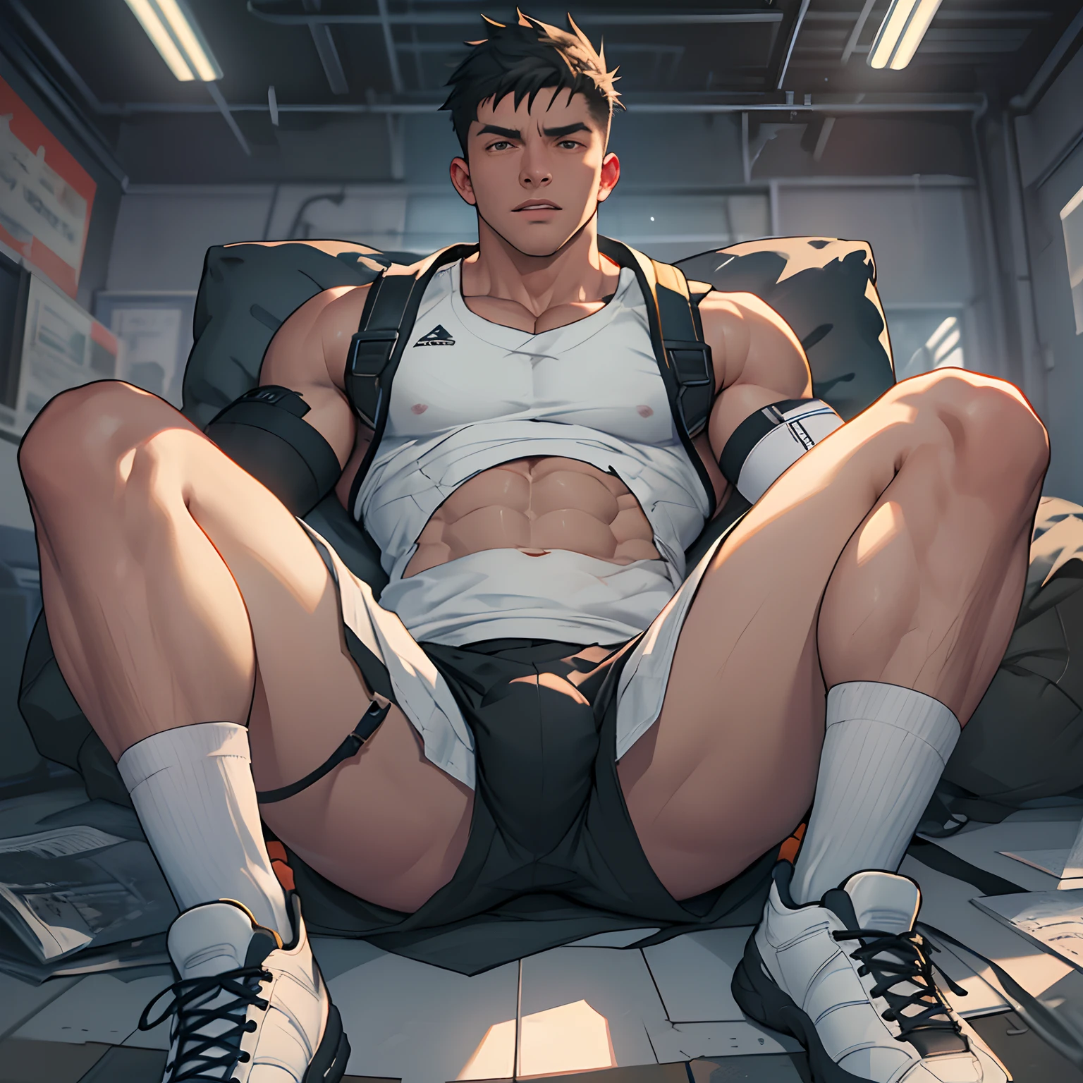 Libido boy，Tong，large pecs，Big bag，Wear white basketball socks，Half recumbent，CG sense，POV perspective，spread their legs，Dark atmosphere，8K,Cinematic lighting effects，Textured skin，best qualtiy，Storytelling images，Storytelling images，dynamic blur，actionpose，army boots