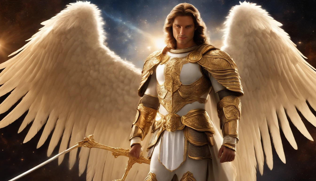 male character, the archangel Michael, celestial image, intricate details, realistic, DIAMOND and large wings, angelic background, illustrative catholic image of the archangel Michael, male character from the Bible, Michael is wearing his angelic armor, cosmic background, Illumination on the Archangel and the background, image of the angel's full body, Maximum detail and his face and angelic wings, perfect and realistic skin, Maximum image quality, Miguel stands out in the image with strong and attractive colors.