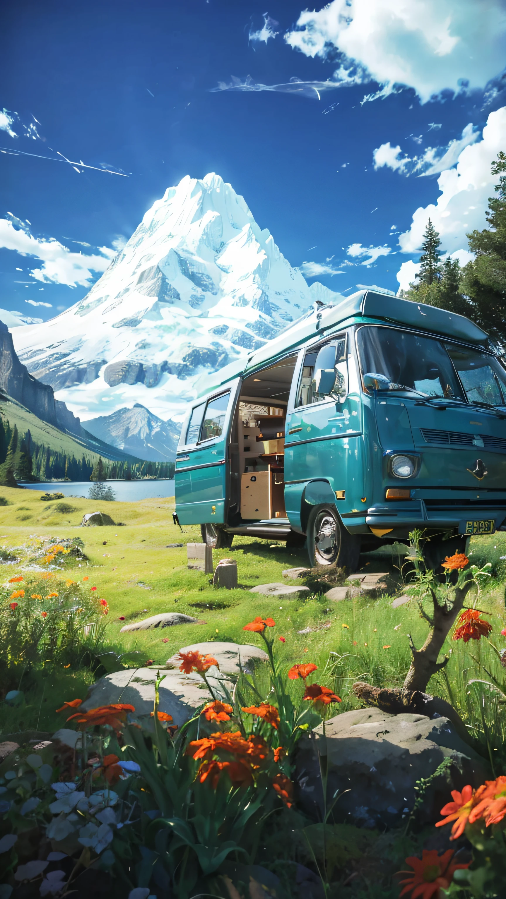 lanscape, Beautiful scenery of 8k potrait with campervan, The third law of photography, Intricate, elegant, Realistic depth photography, Perfect natural light (Masterpiece, side-lighting, Beautiful cave in every detail), Realistic departure, realistic cloud, Realistic lake, Realistic sky, Beautiful sky, strong lights, The third law of photography, Point of interest photography, Perfect language tones, Realistic shoes, Realistic moss, realistic grass, Realistic stones, Realistic climbing, realistic tree, Best language tones, Land of reality, Strong texture, Add grains, Render with redshift, realistic shaded