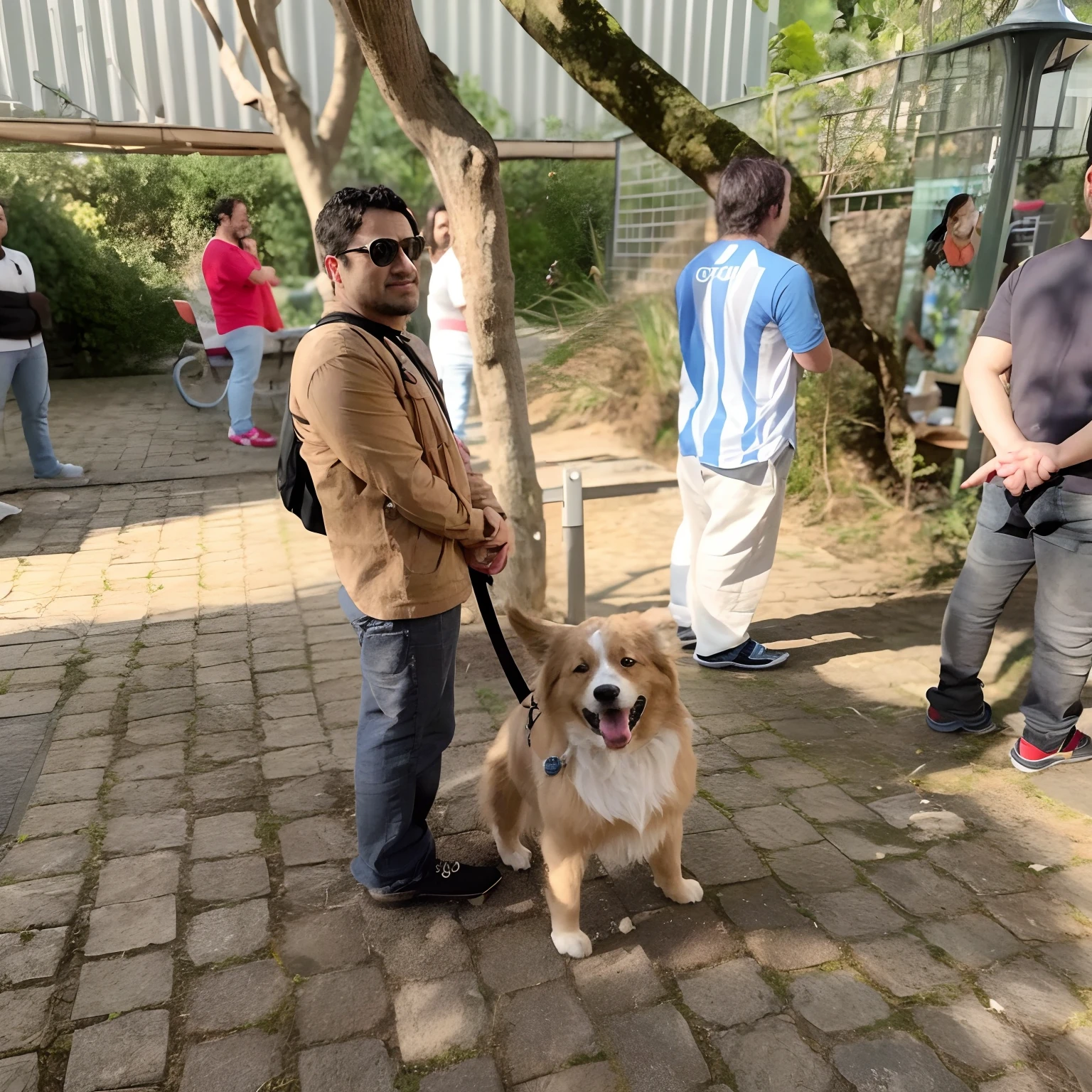 Disney pixar style image with a photo of a man standing, magro, cabelo preto e grisalho, sorrindo, With a dog on a leash, Border Collie, pelos dourados, com detalhes em branco no peito, em um dia ensolarado, Directed by: Niko Henrichon, por Aya Goda, Directed by: Emma Andijewska, Directed by: Karl Völker, Directed by: Anato Finnstark, Directed by: Nandor Soldier