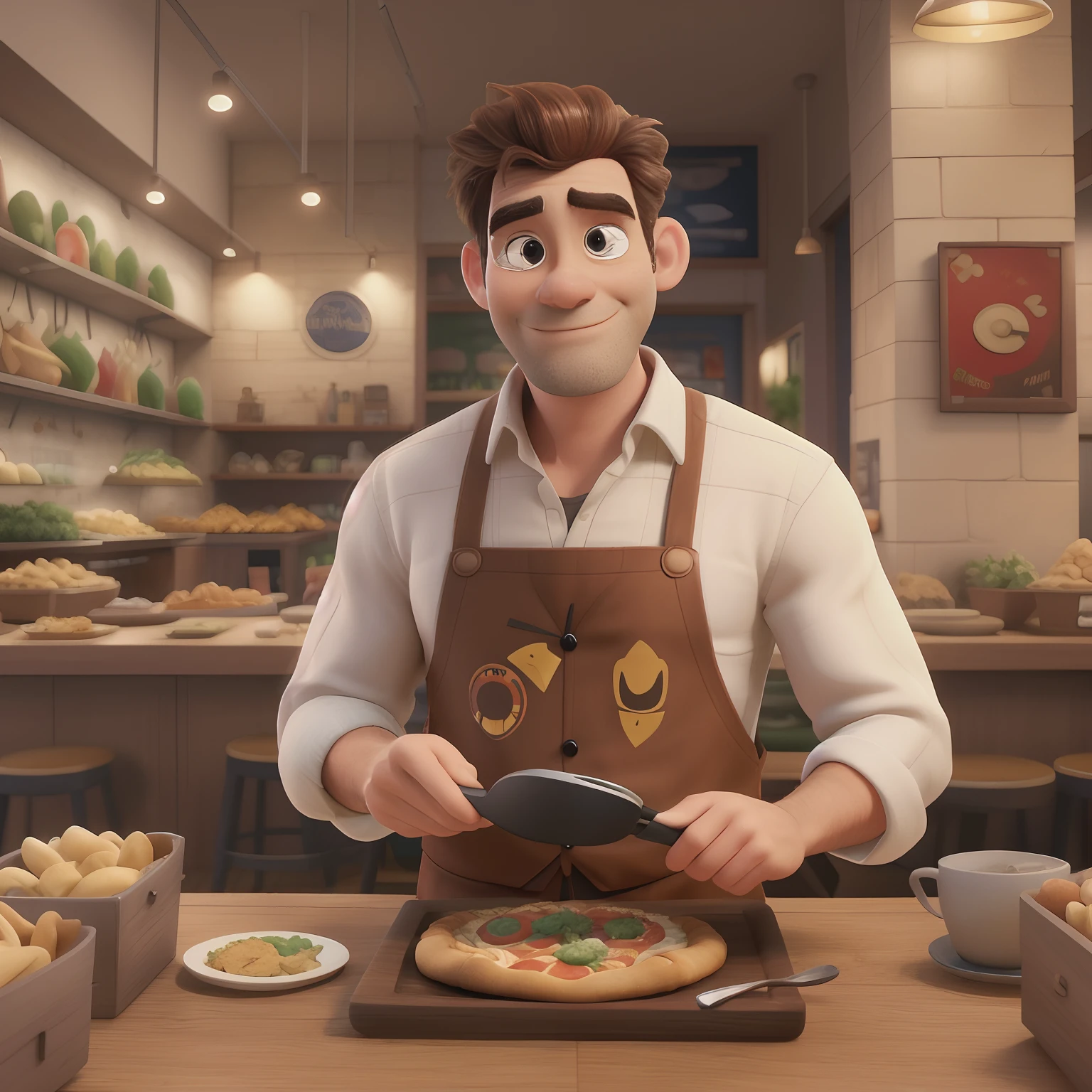 Homem 40 anos, com barba por fazer, com roupas cozinheiro,  em uma pizzaria no fundo, super hiper detalhado, 8k uhd, 3D-rendering, estilo moderno Disney Pixar.