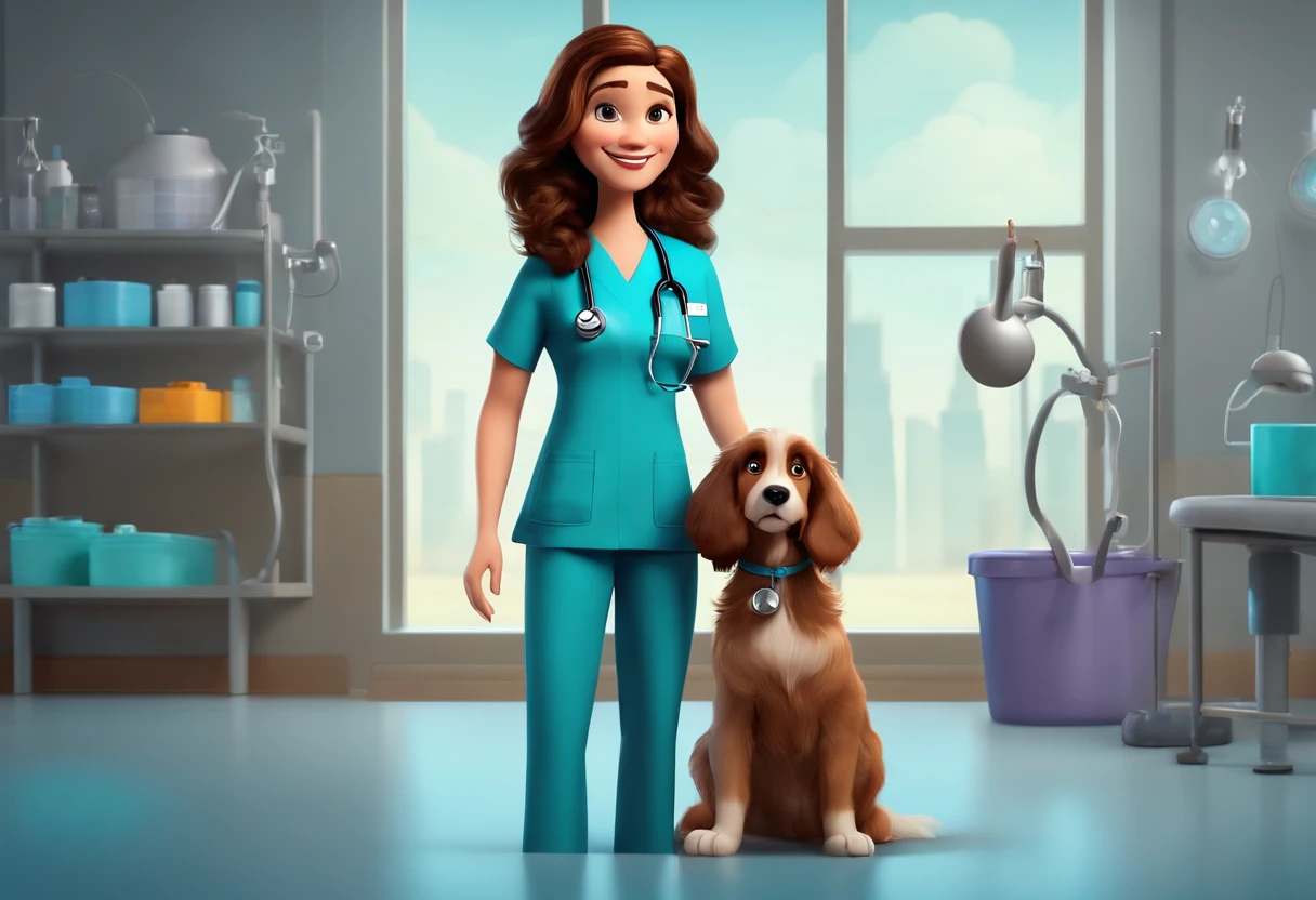 Create a pixar-style character brunette vet using scrubs and a stethoscope, segurando um frasco de medicamento de cannabis, com cabelos longos, Olhos castanhos, com cachorro com ela