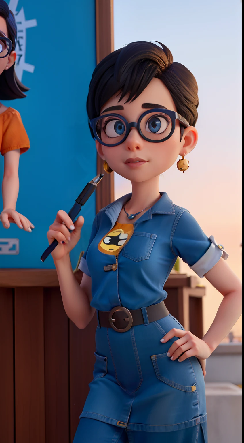 Um mulher moderna, 42 anos, cabelo preto na altura do ombro, wearing blue glasses, com um vestido amarelo, In one hand a pen, fundo , with a dusk illumination, cartaz da pixar, alta qualidade